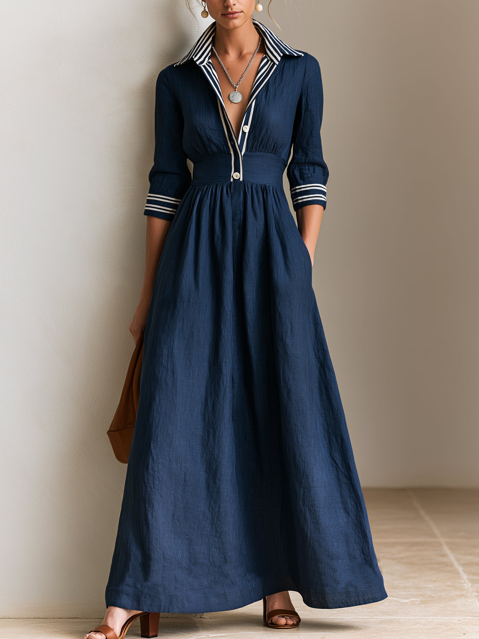 Linen Navy 3/4 Sleeves Contrast Stripe Linen Maxi Shirt Dress