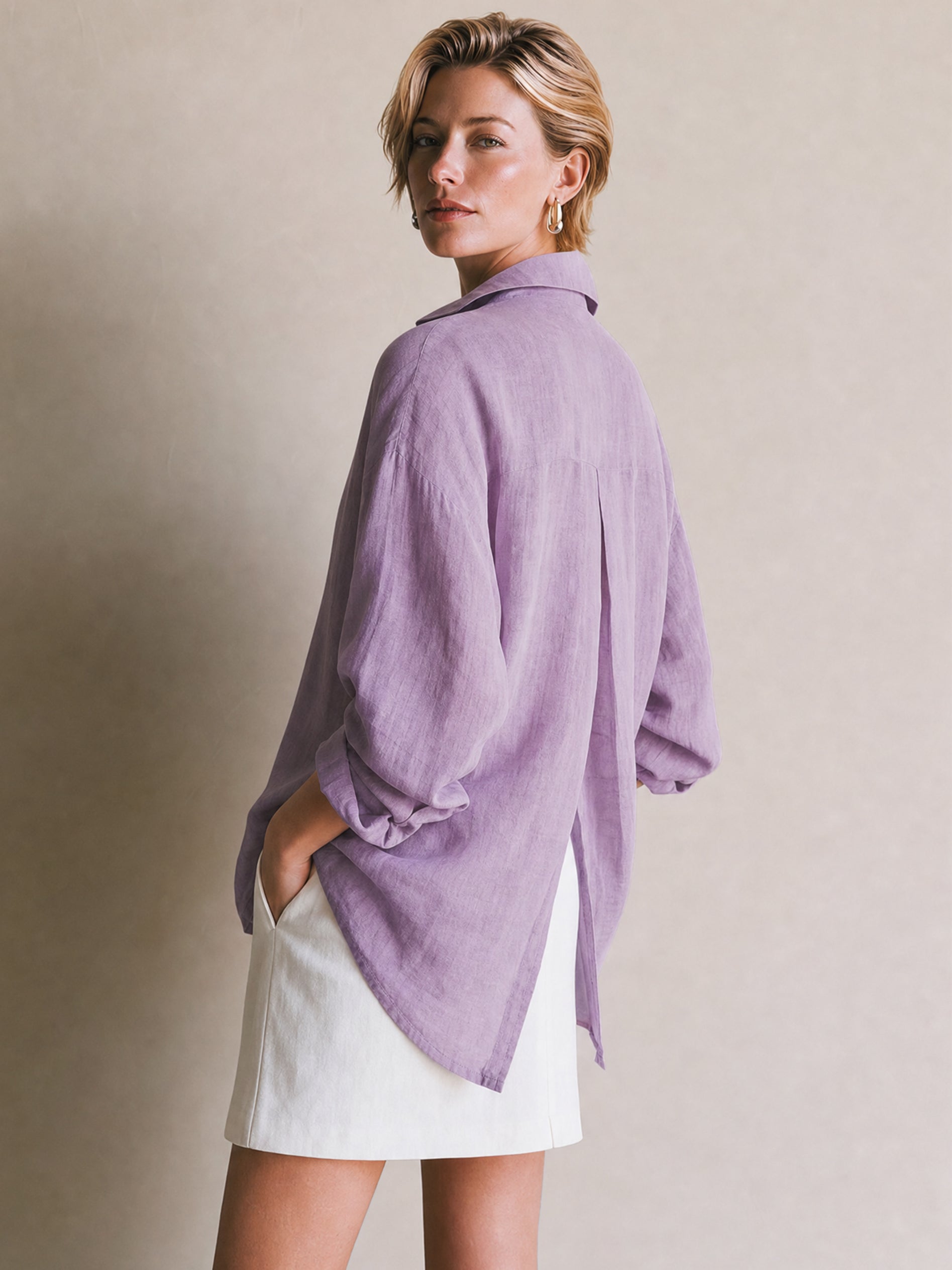 Elegant Linen Long Sleeves Oversized Back Split Blouse