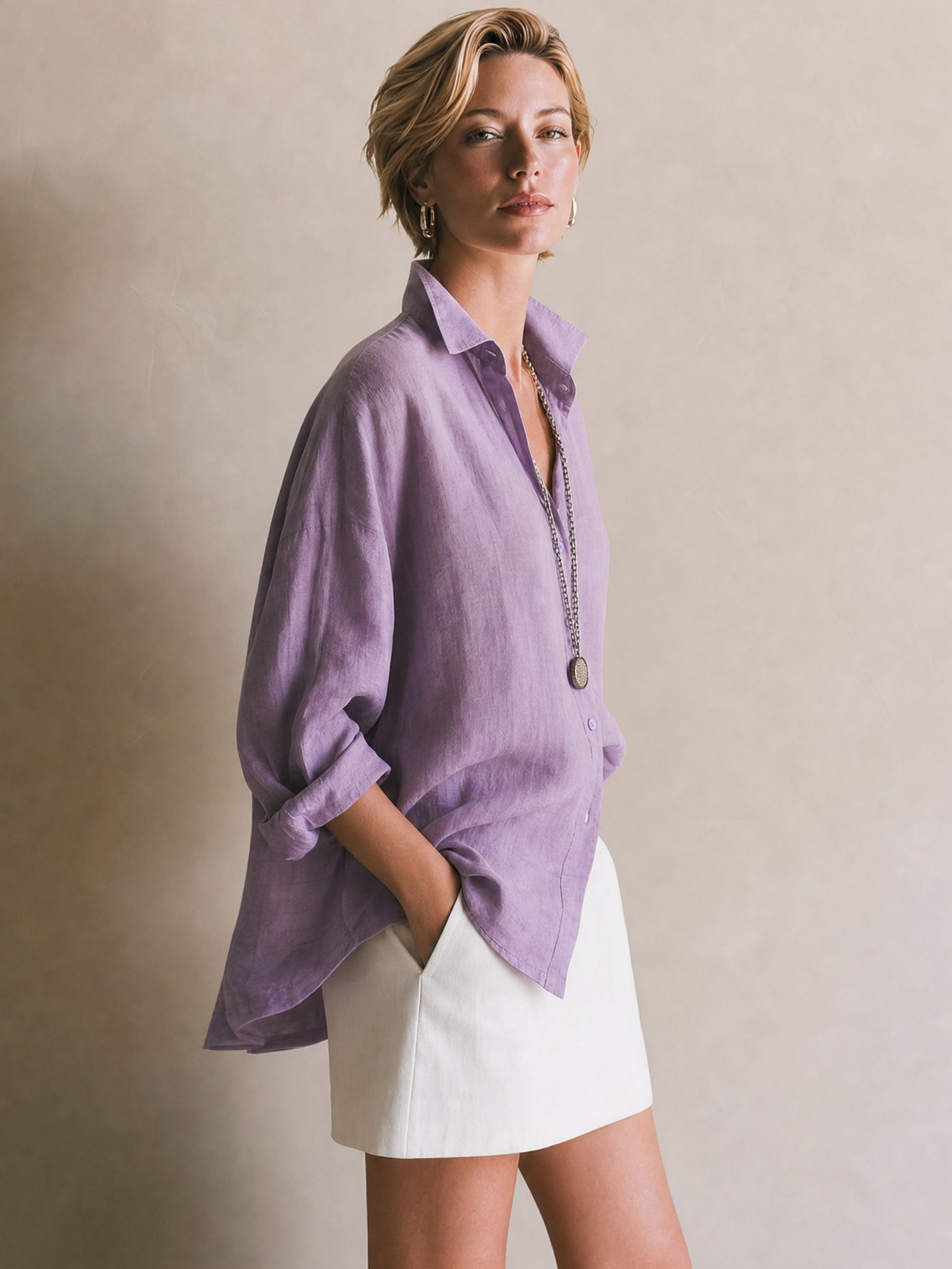 Elegant Linen Long Sleeves Oversized Back Split Blouse