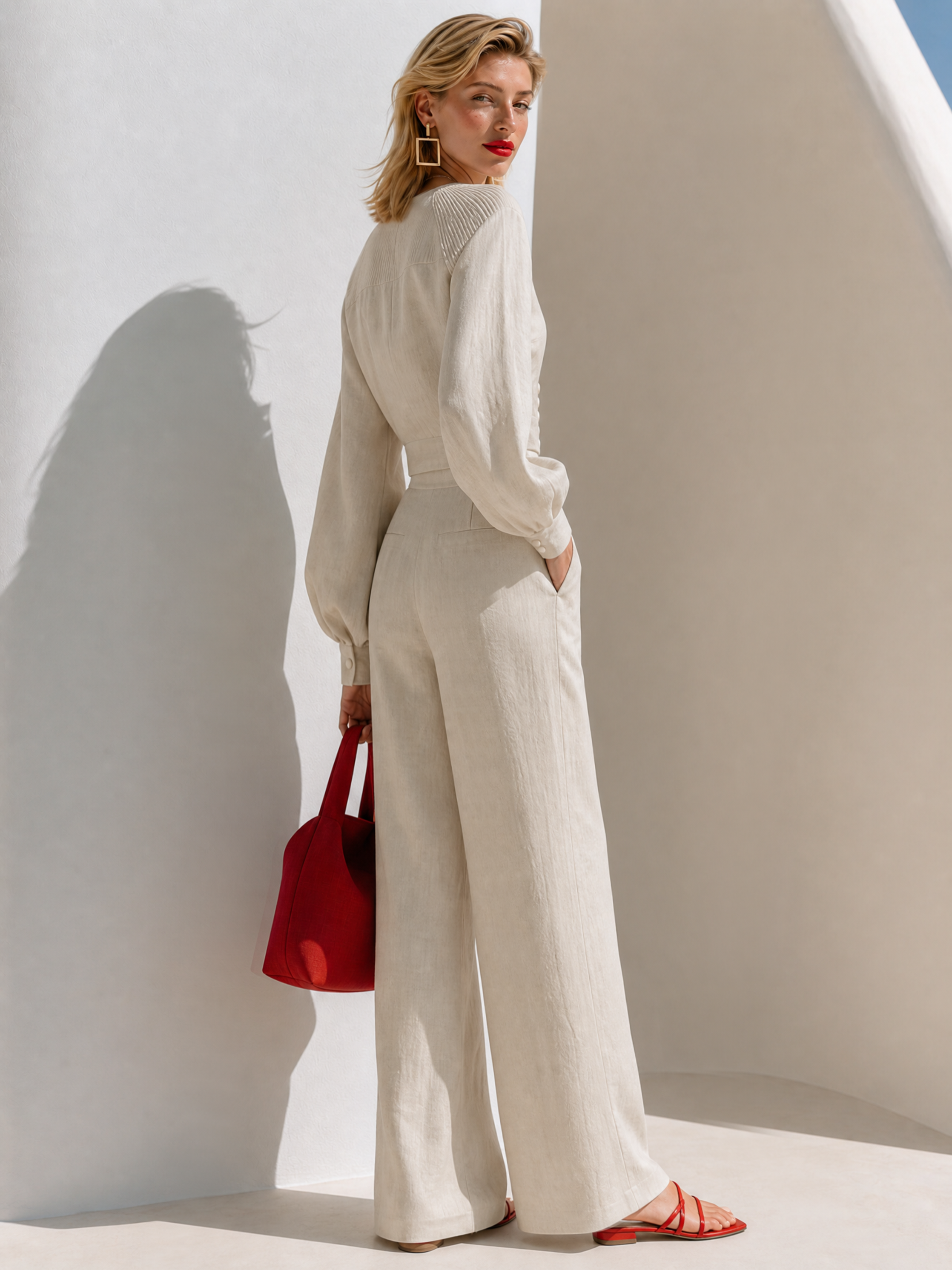 Off-white Tencel-linen Two-piece Set Featuring A Deep-V, Button-front Lantern-sleeve Top And Wide-leg Trousers.