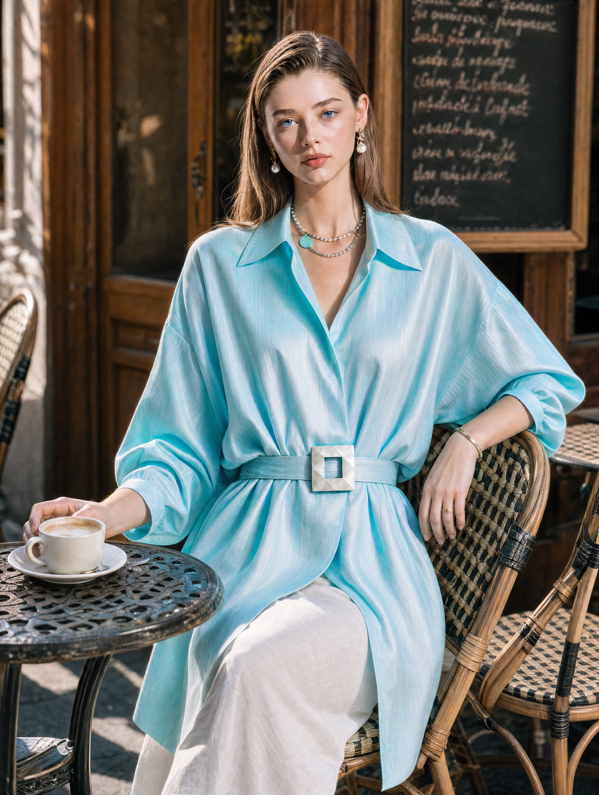 Elegant Aqua Acetate Oversized Shirt