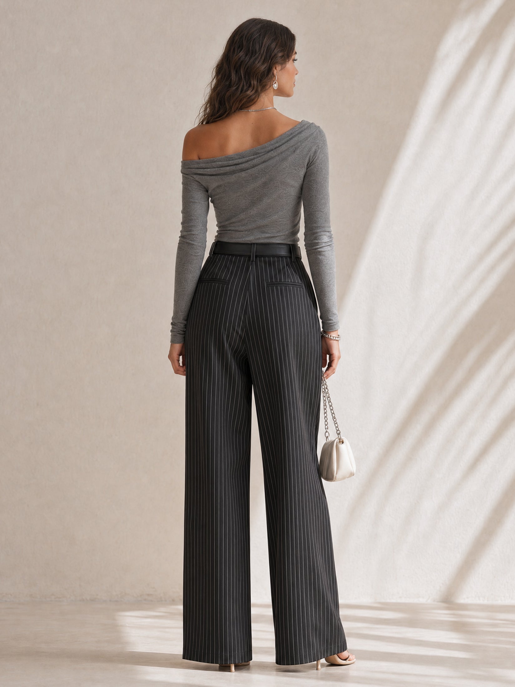 Grey Top And Striped Suit Trousers Set