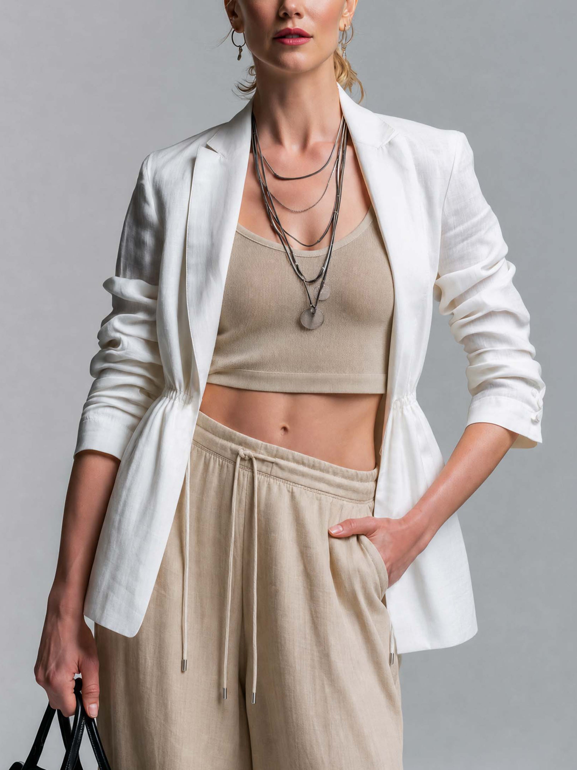 Elegant Linen Jacket With Cinched Drawstring Waist & 3/4 Length Sleeves