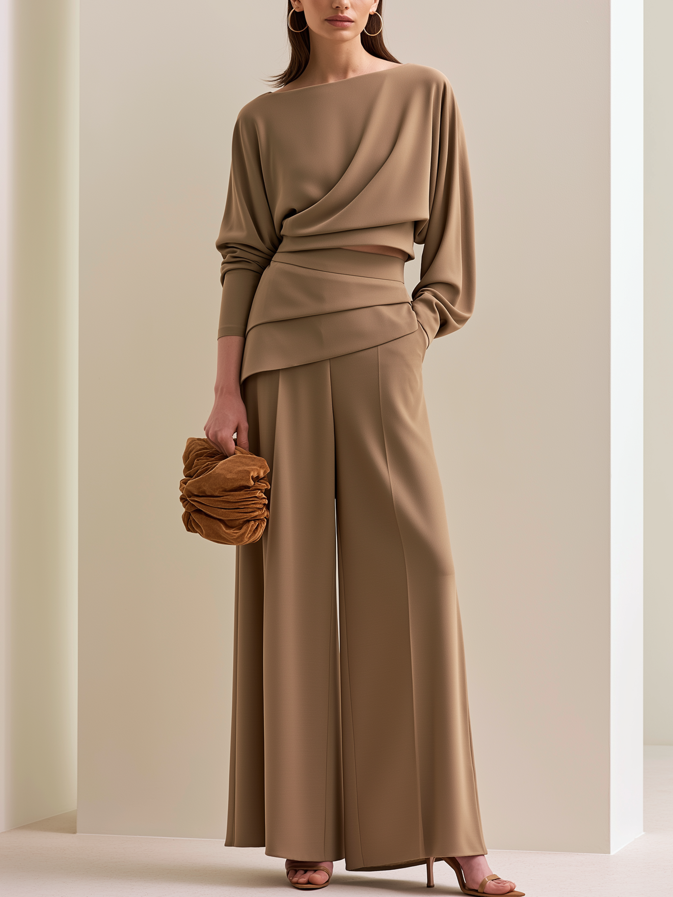 Camel Off-Shoulder Ruched Crop Top & High Waist Draped Wide Leg Two-Piece Set