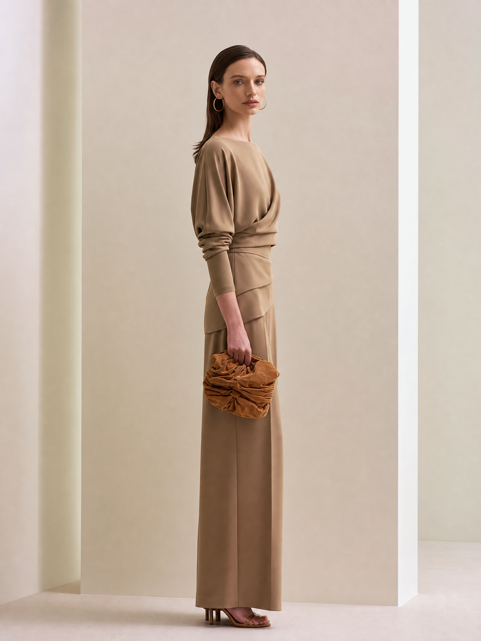 Camel Off-Shoulder Ruched Crop Top & High Waist Draped Wide Leg Two-Piece Set