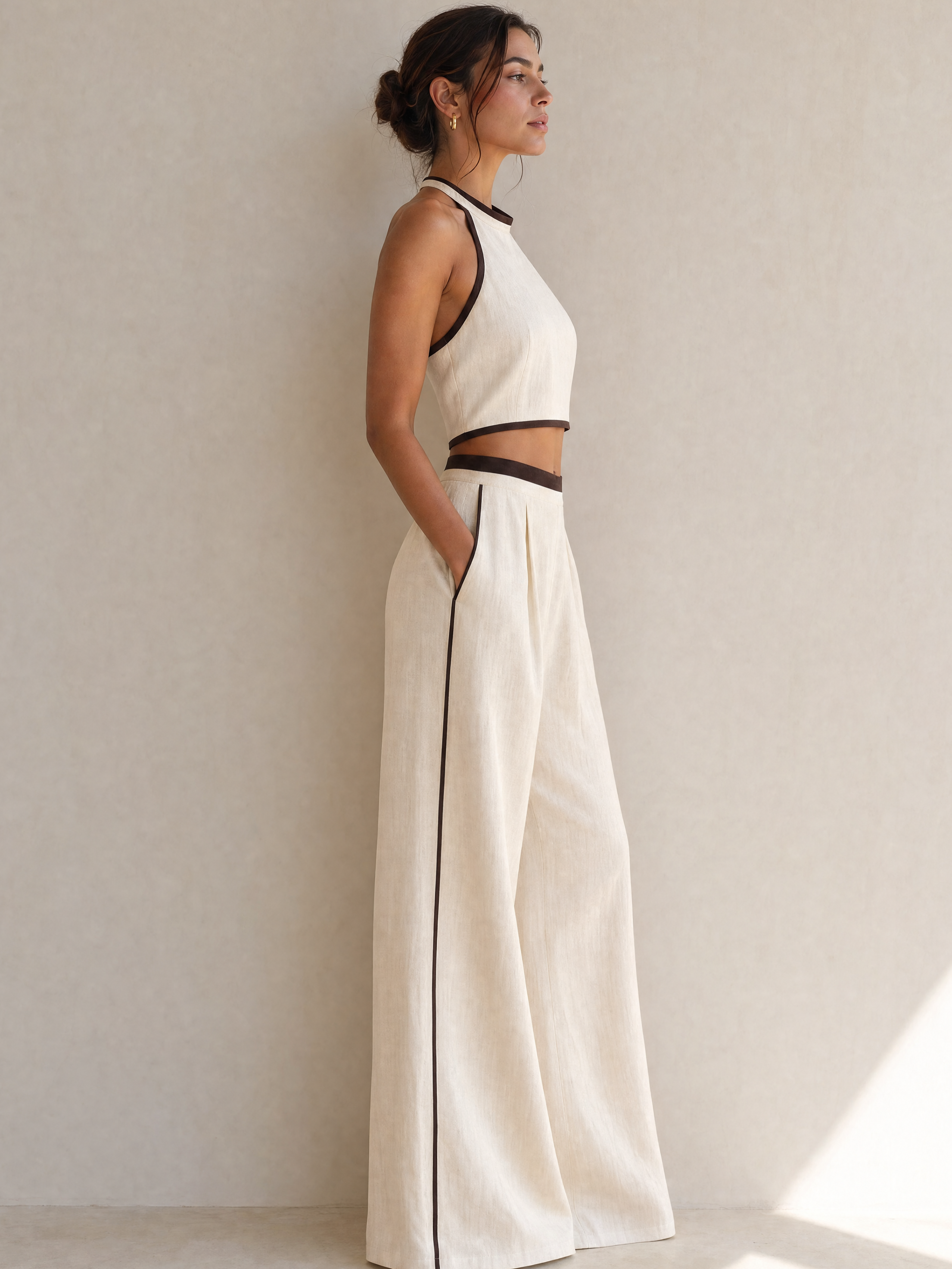 Ivory Halter Vest Flowy Linen Wide Leg Set