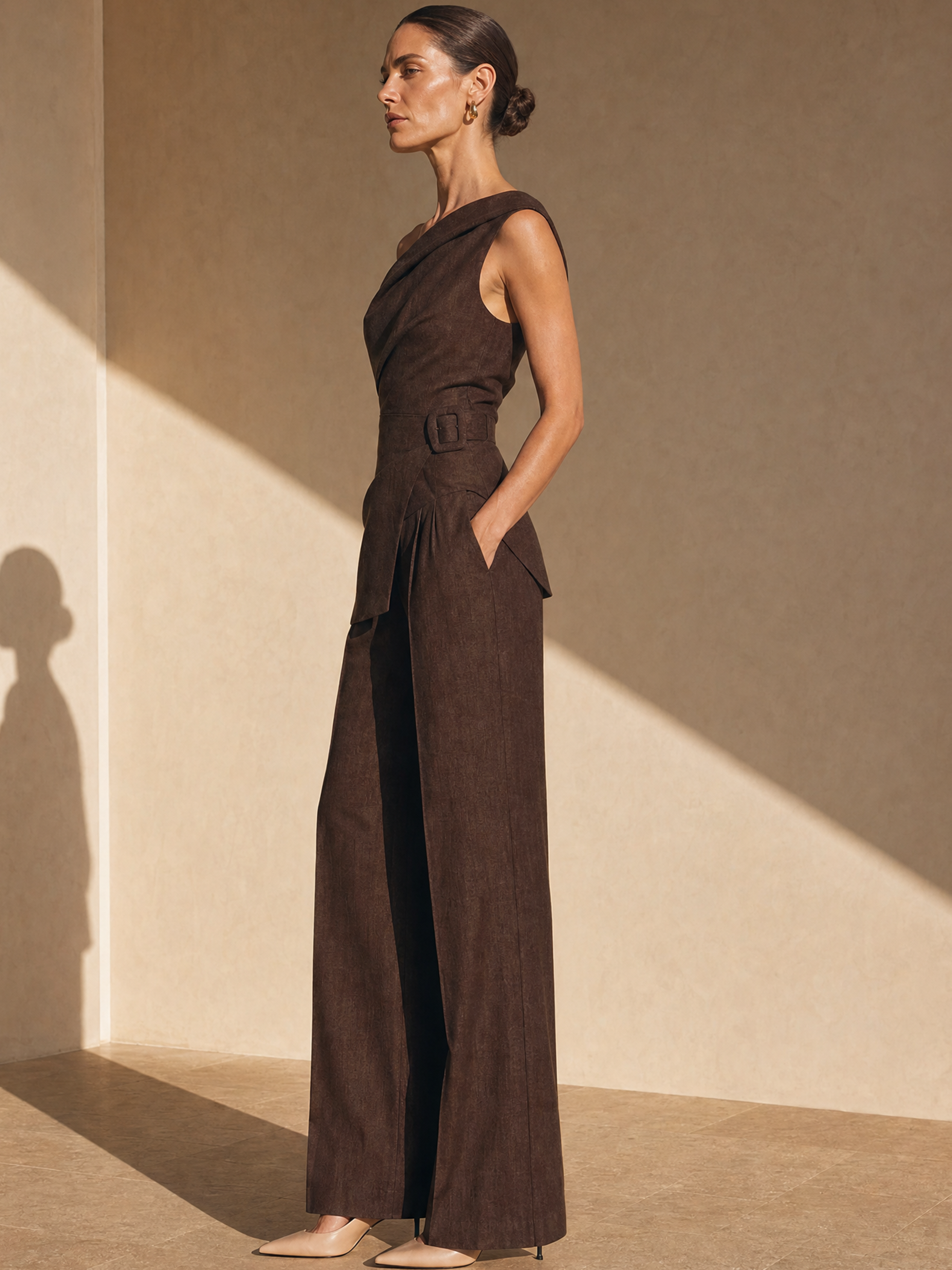 Brown Asymmetric Wrap Top High Drape Wide Leg Co-ord