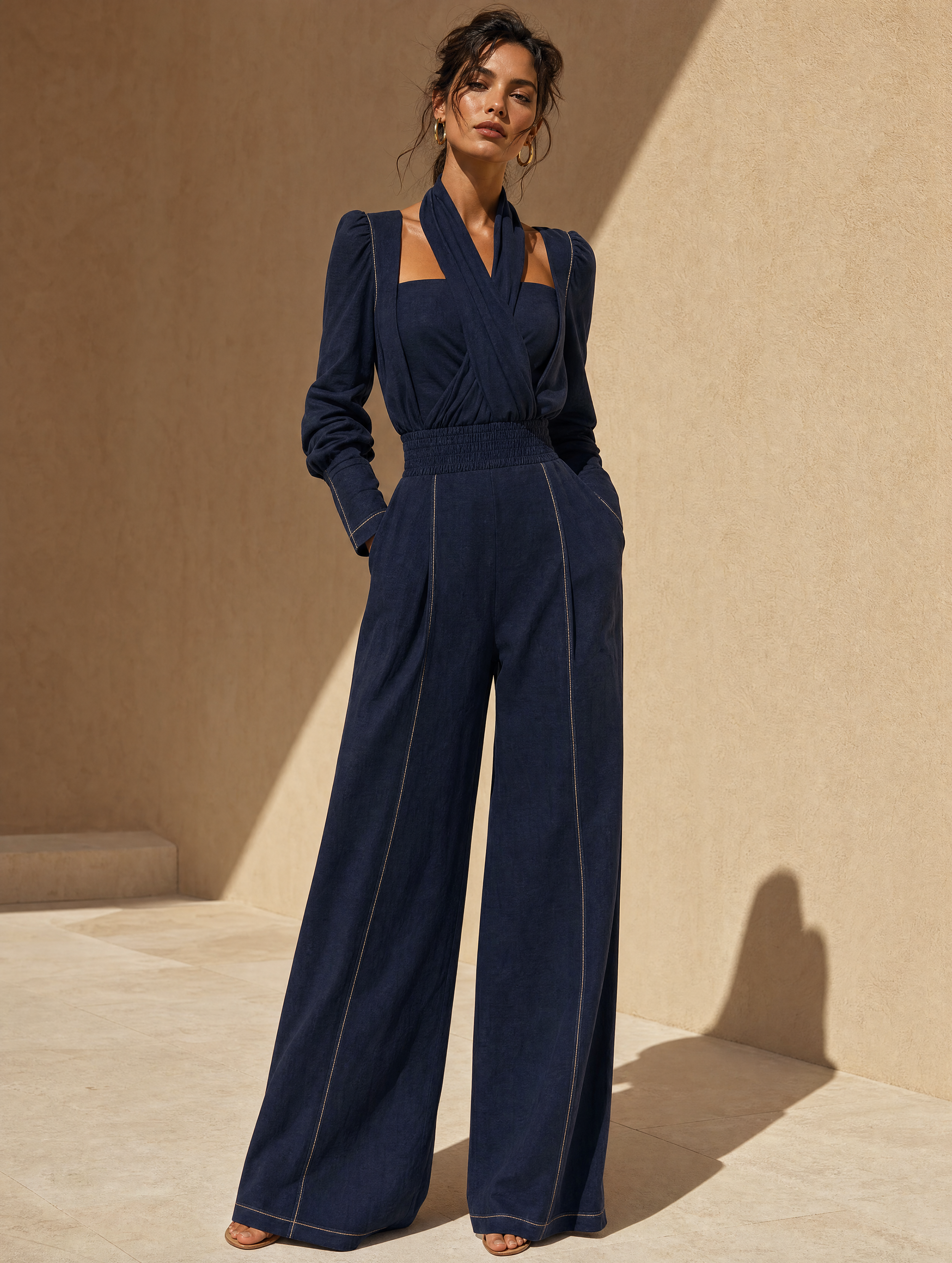 Navy Blue Long-sleeved Halter-neck Linen Set
