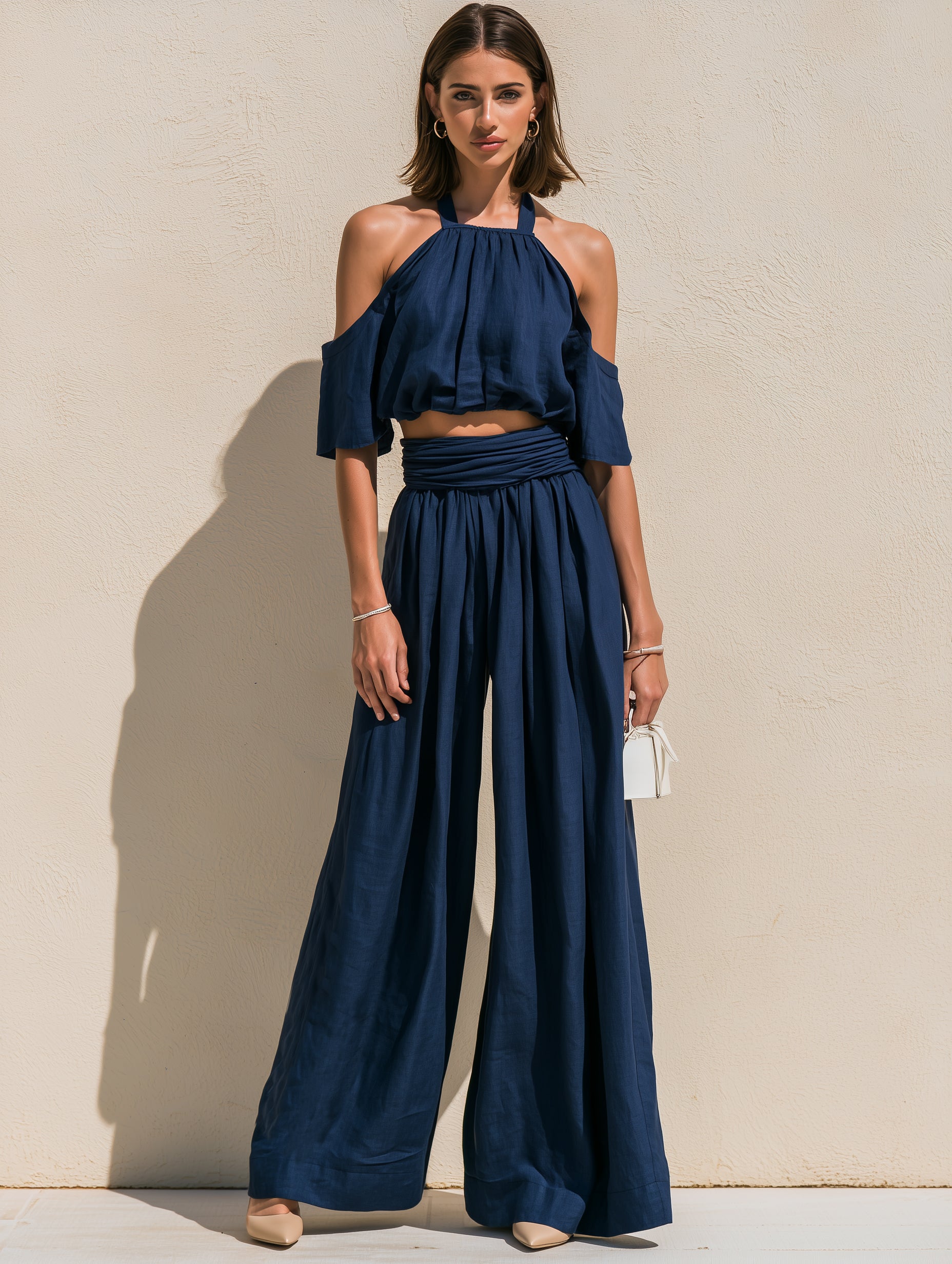 Navy Linen Short-sleeve Top And Wide-leg Trousers Set