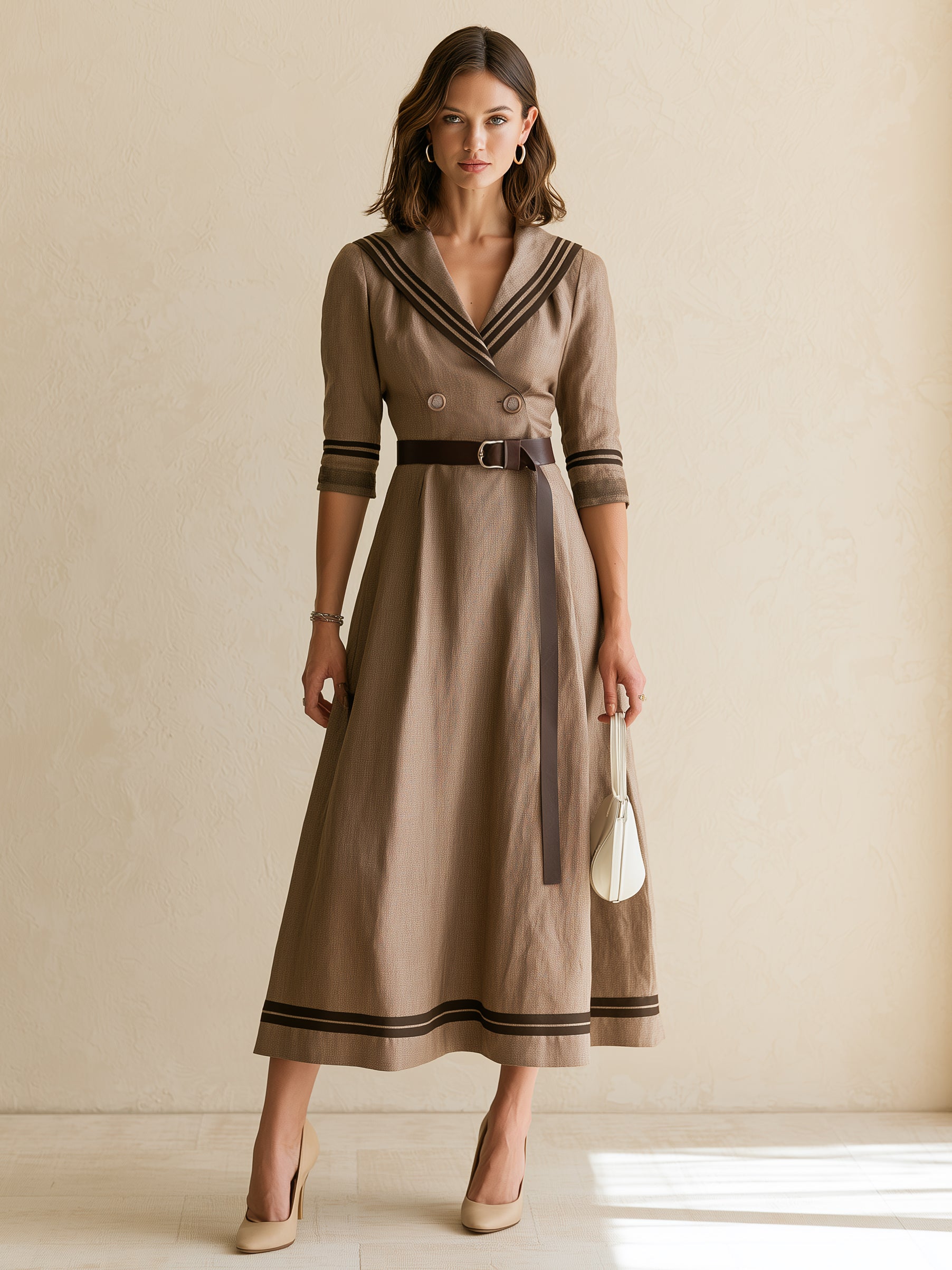 Elegant Linen Maxi Dress With Brown Piping