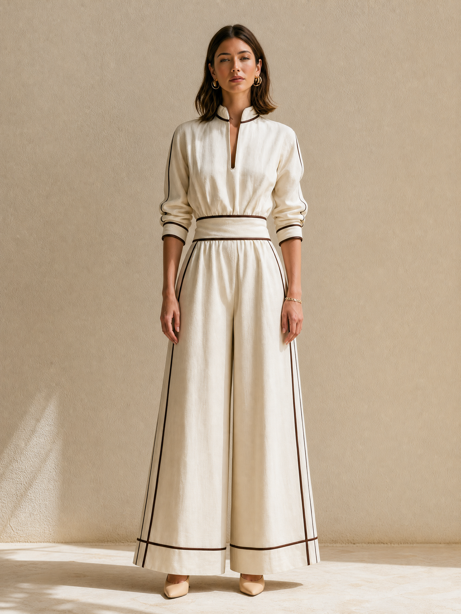 White Linen Set With Black Piping