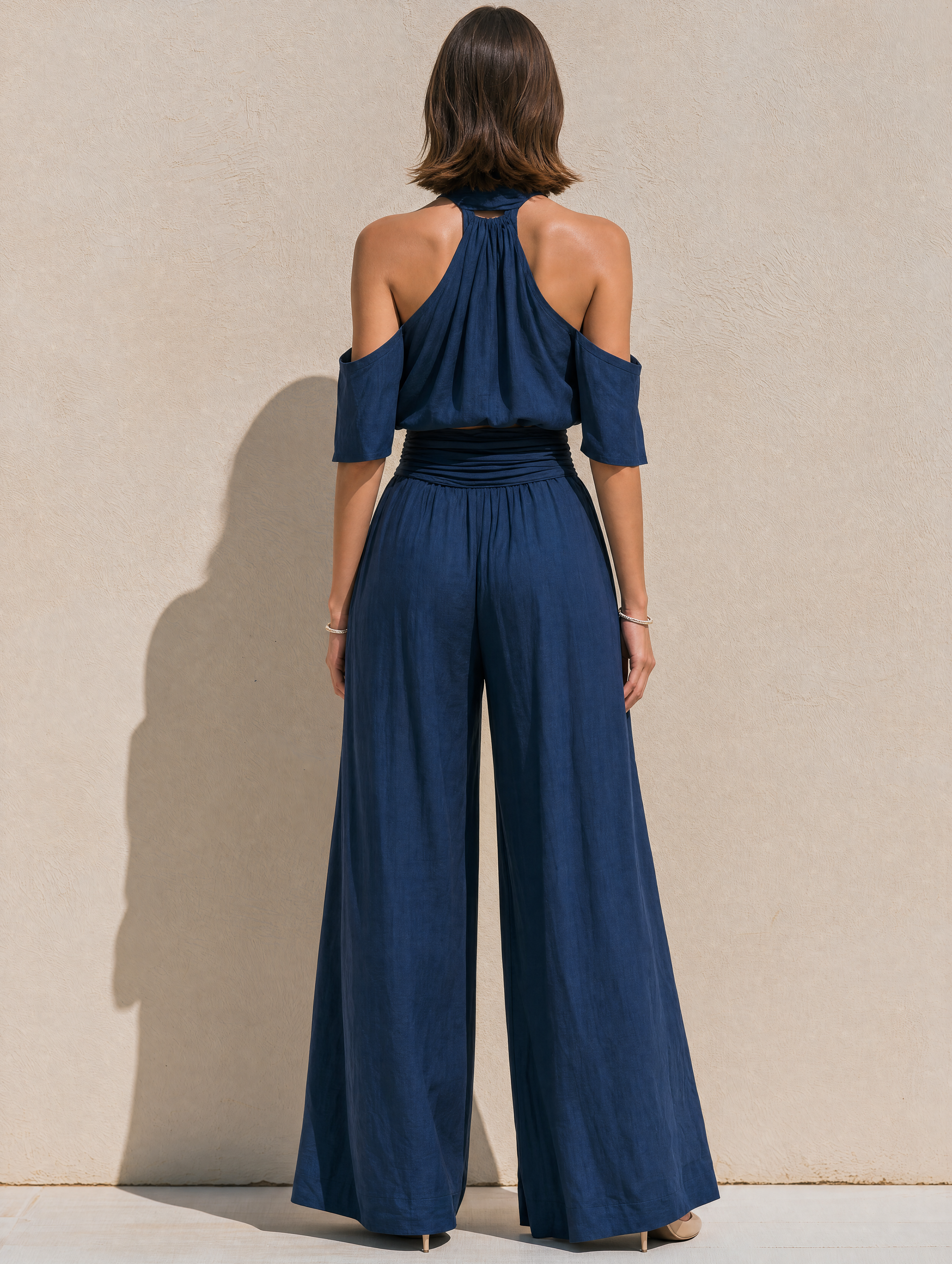 Navy Linen Short-sleeve Top And Wide-leg Trousers Set