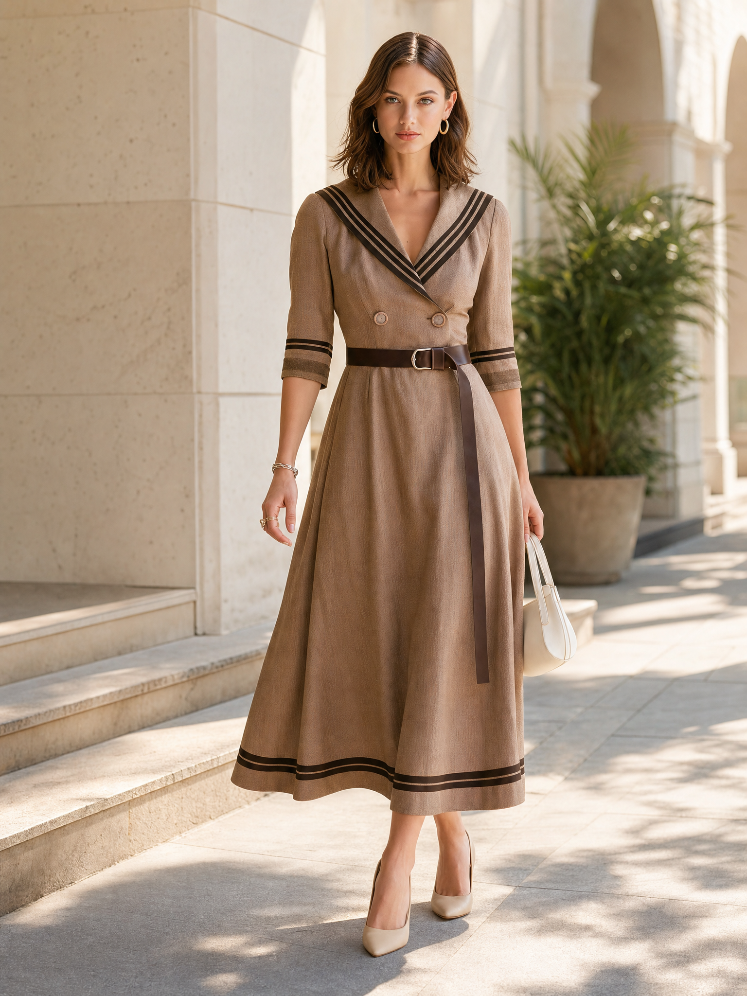 Elegant Linen Maxi Dress With Brown Piping