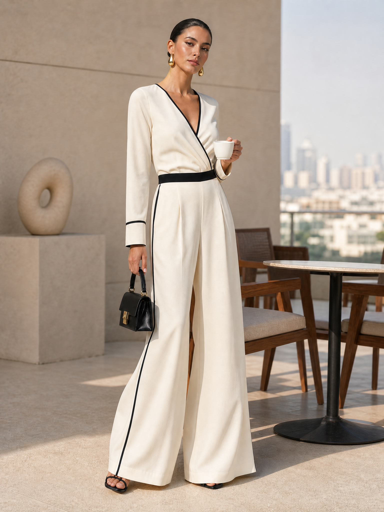 White Linen Set With V-neck And Piped Trim