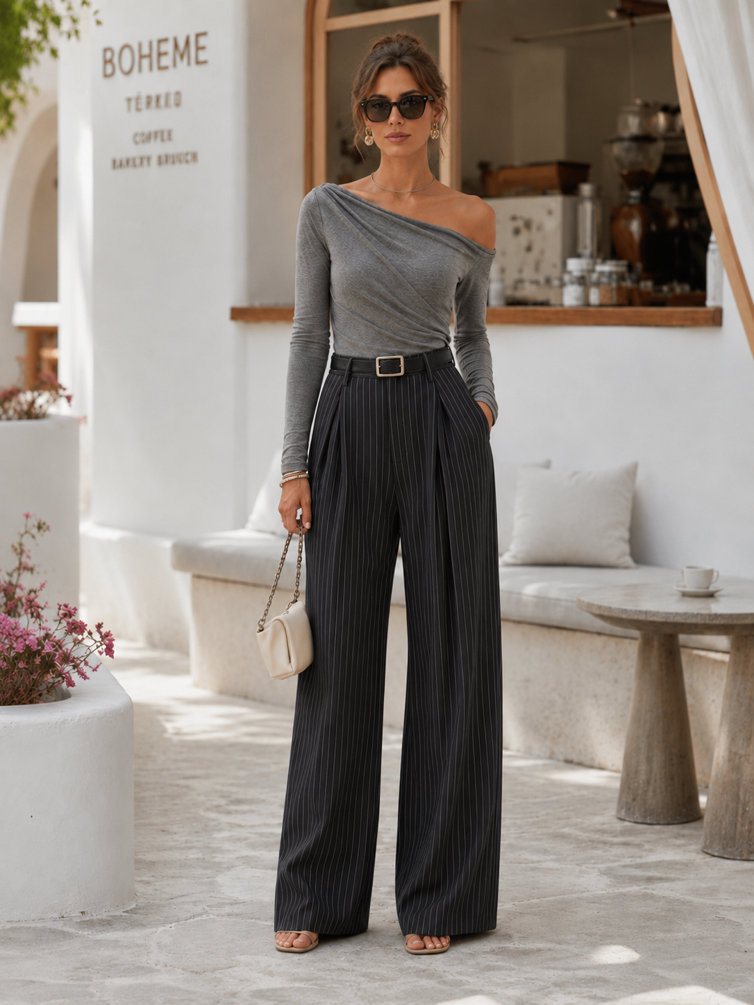 Grey Top And Striped Suit Trousers Set