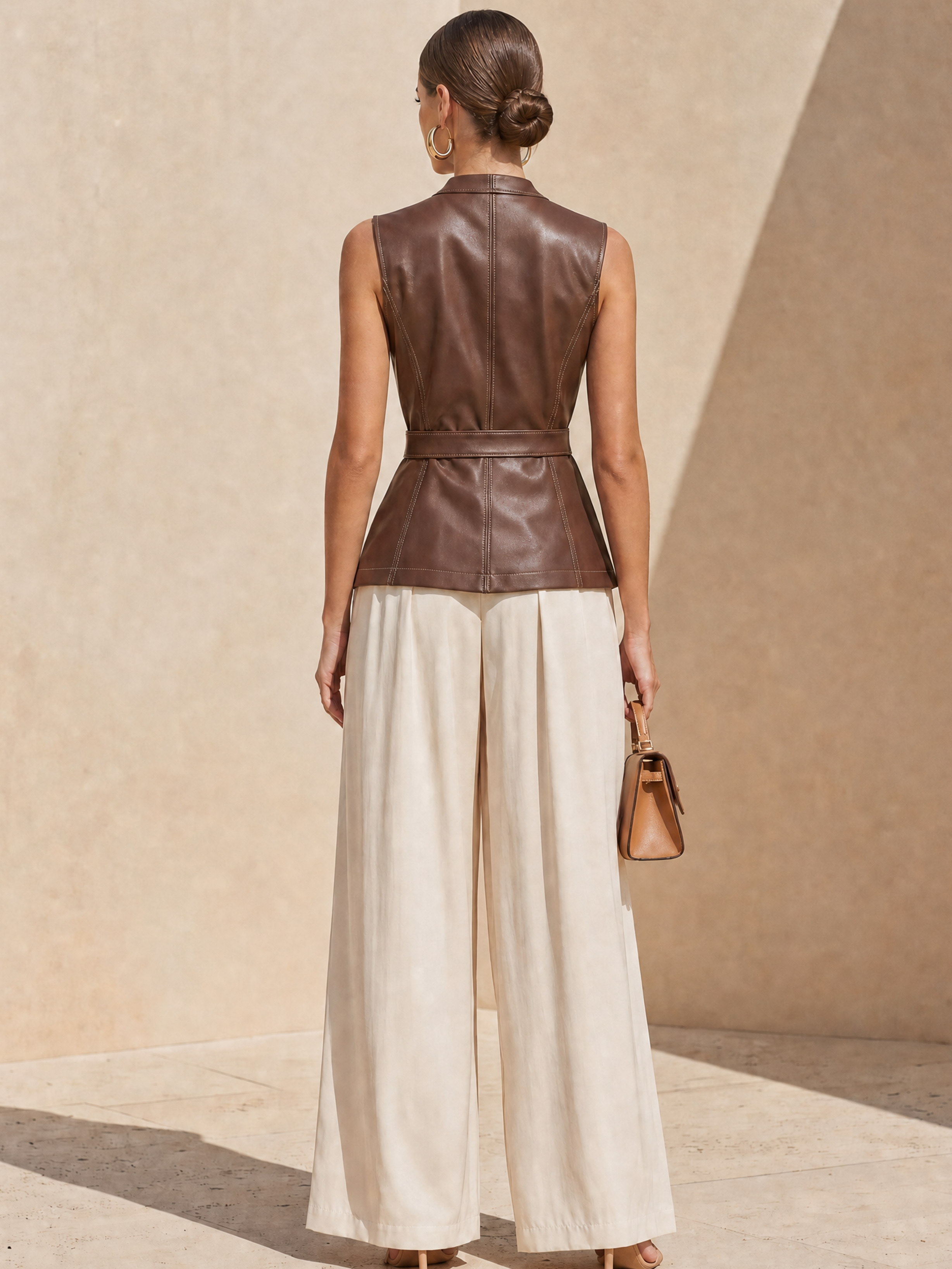 Elegant Brown Leather Vest And White Wide Leg Trousers Set