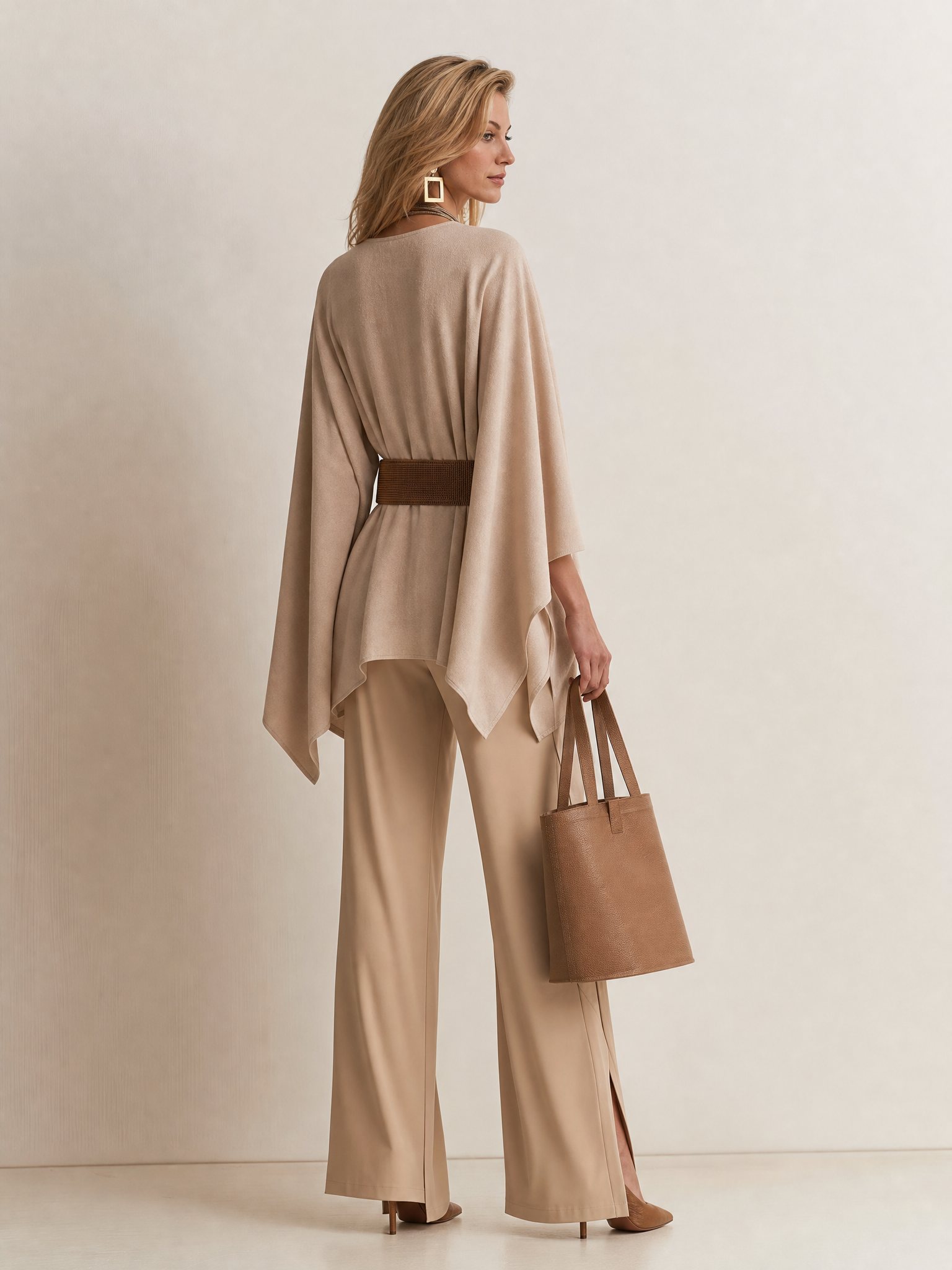 Cape Sleeve Knit Top with Belted Wide Leg Pants Set