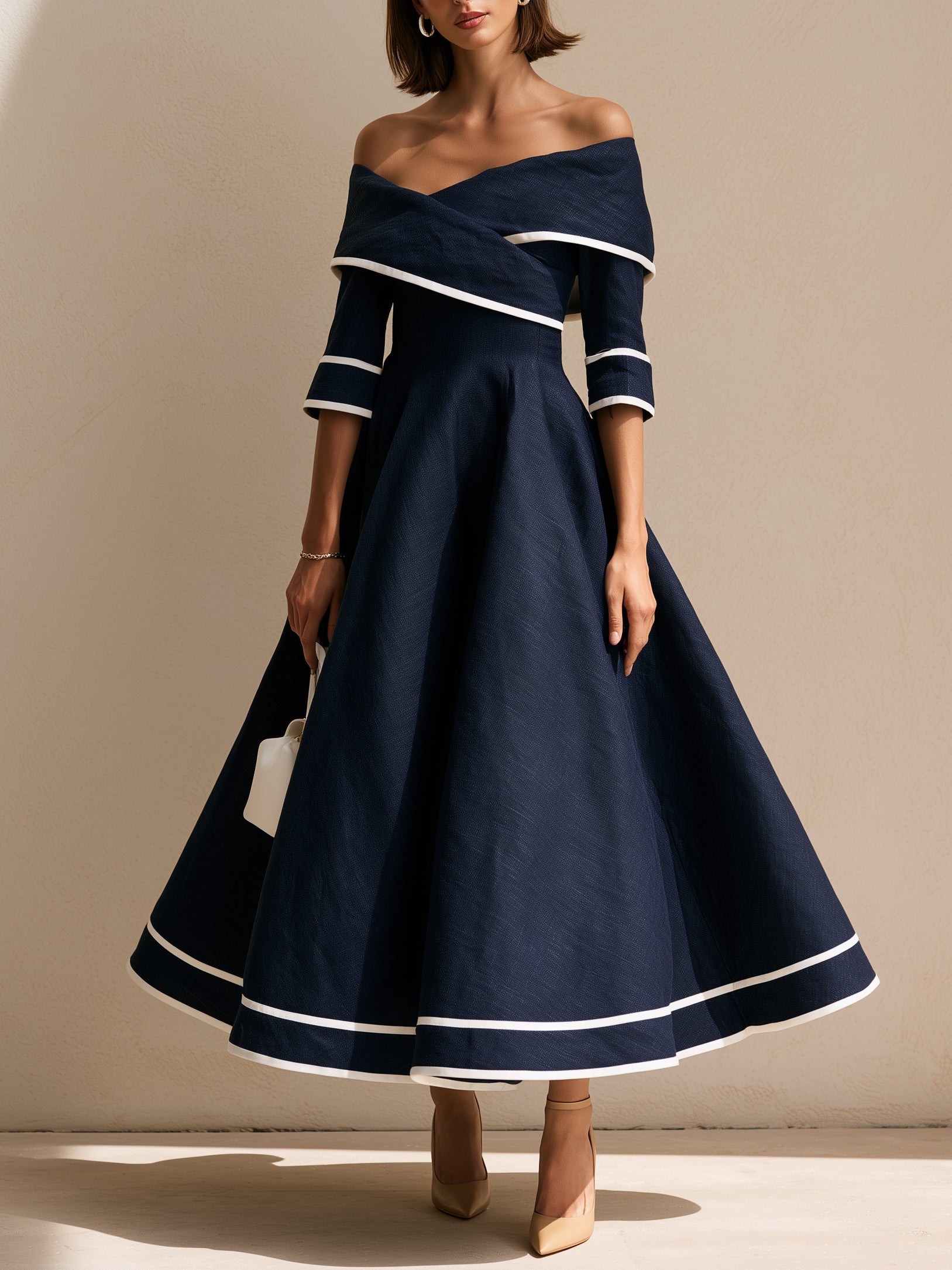 Blue Linen Off-the-shoulder Maxi Dress With Piped Trim