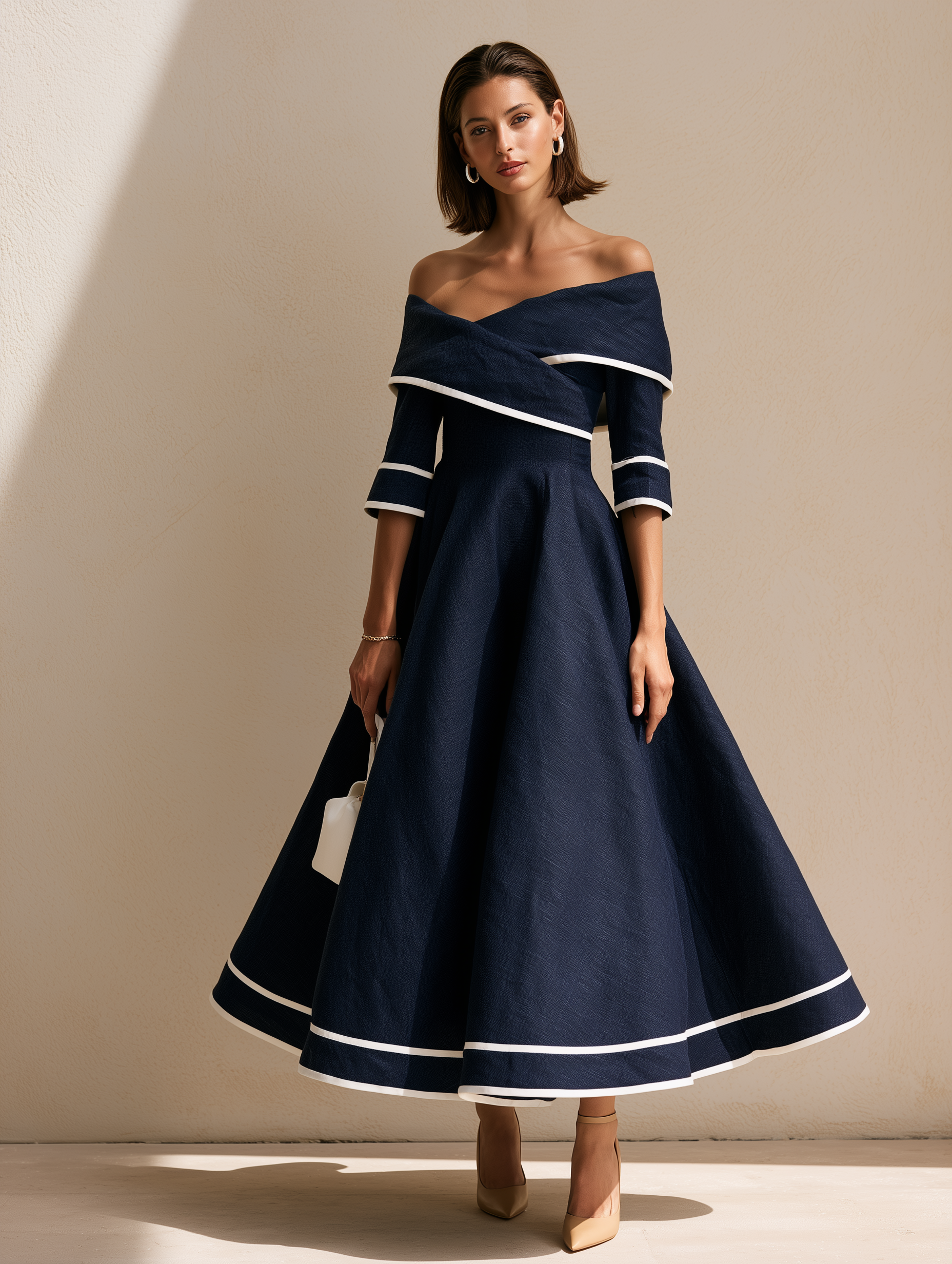Blue Linen Off-the-shoulder Maxi Dress With Piped Trim