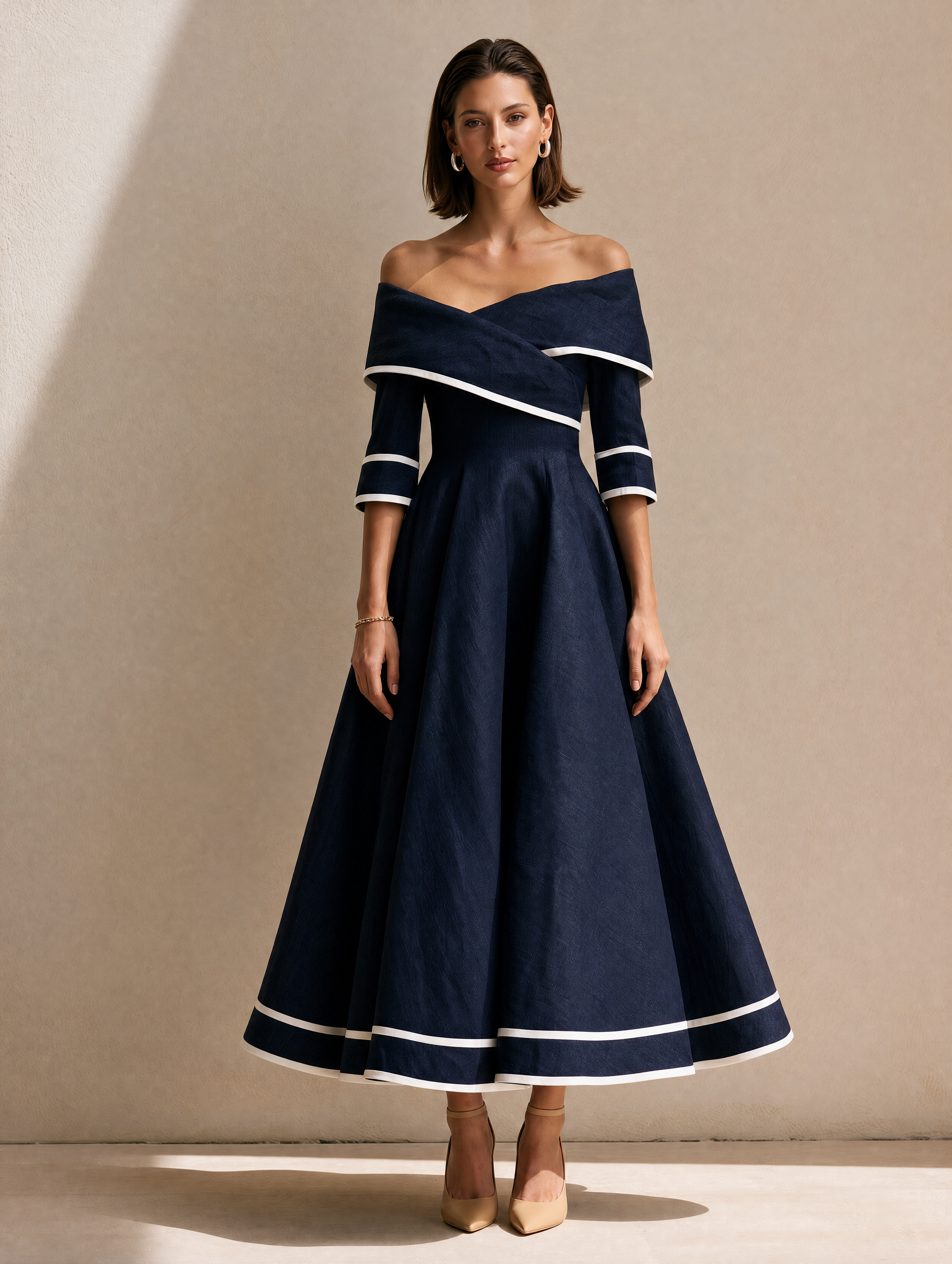 Blue Linen Off-the-shoulder Maxi Dress With Piped Trim