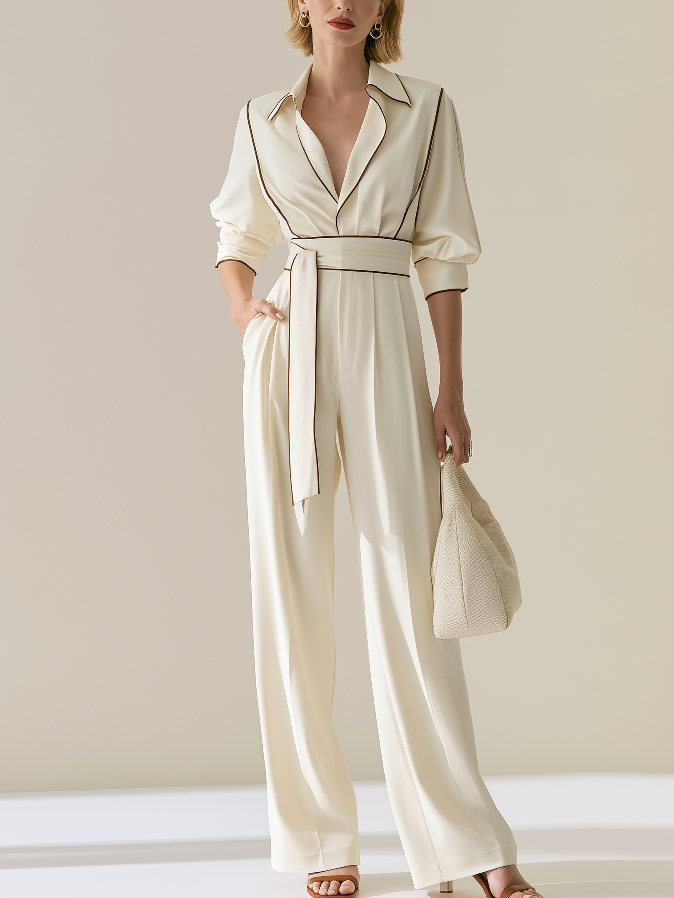 Cream Brown Piped Collar Tie Waist Wide Leg Pant Two-Piece Set