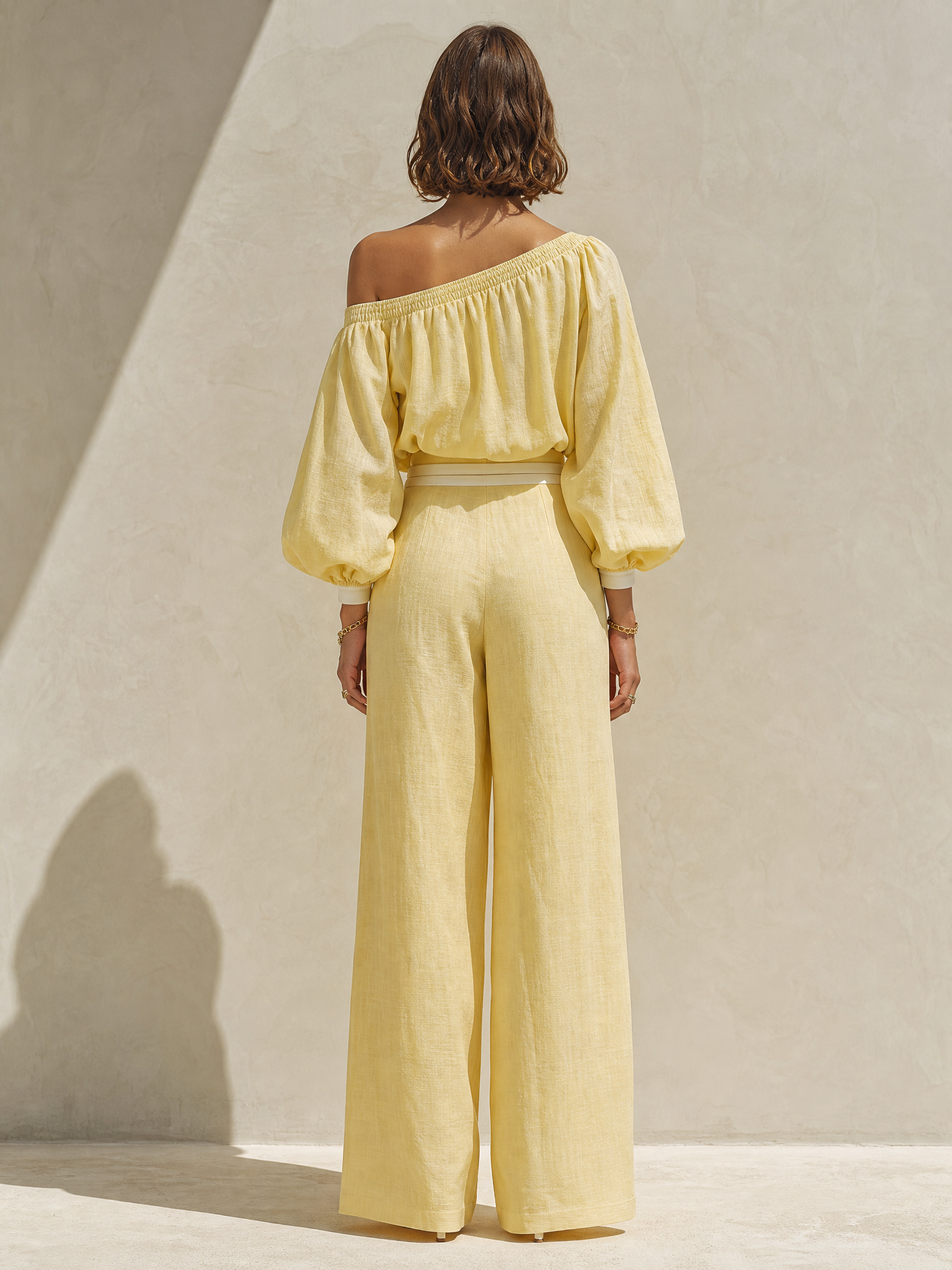 Pale Yellow One-shoulder Linen Set