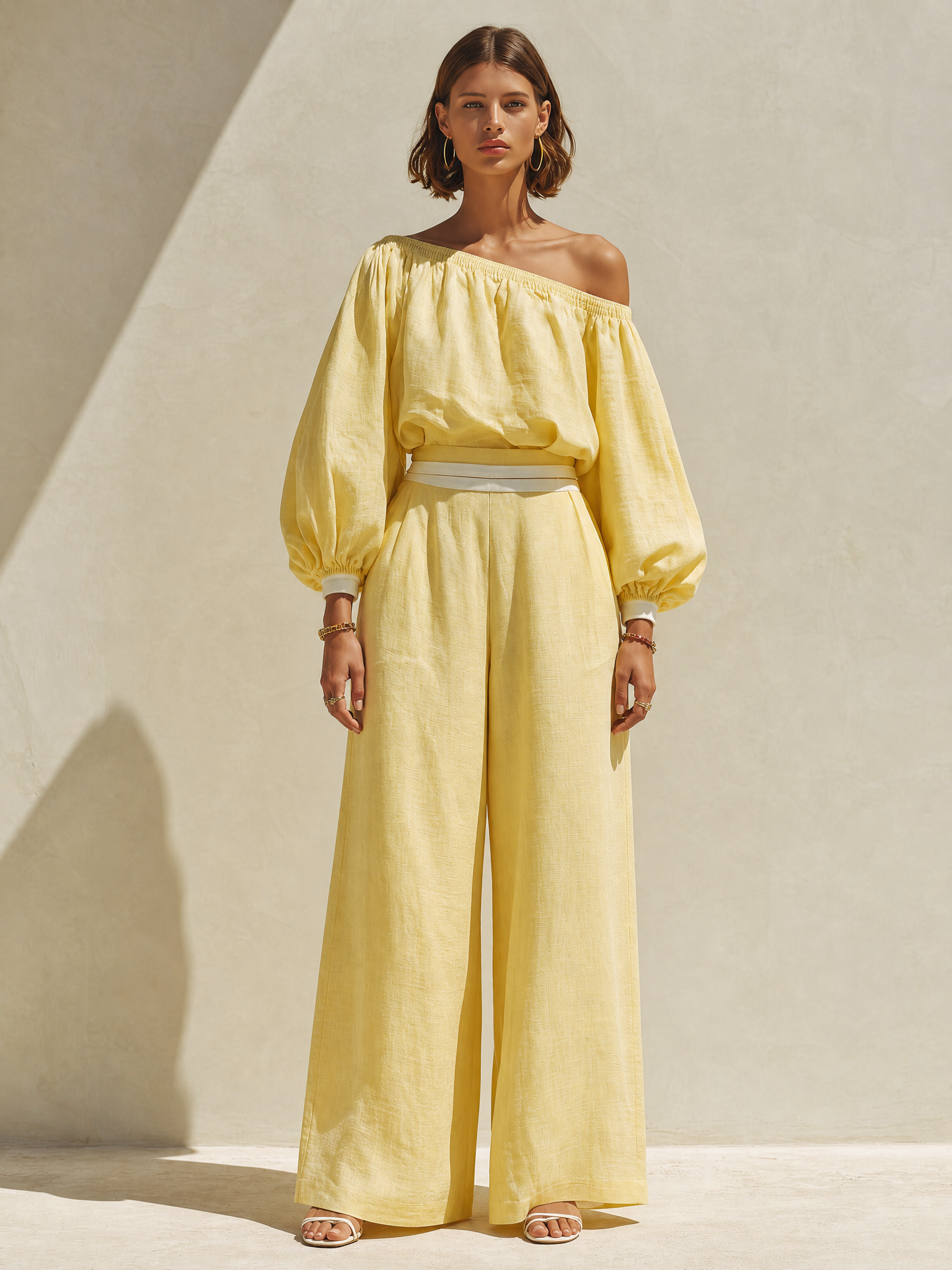 Pale Yellow One-shoulder Linen Set