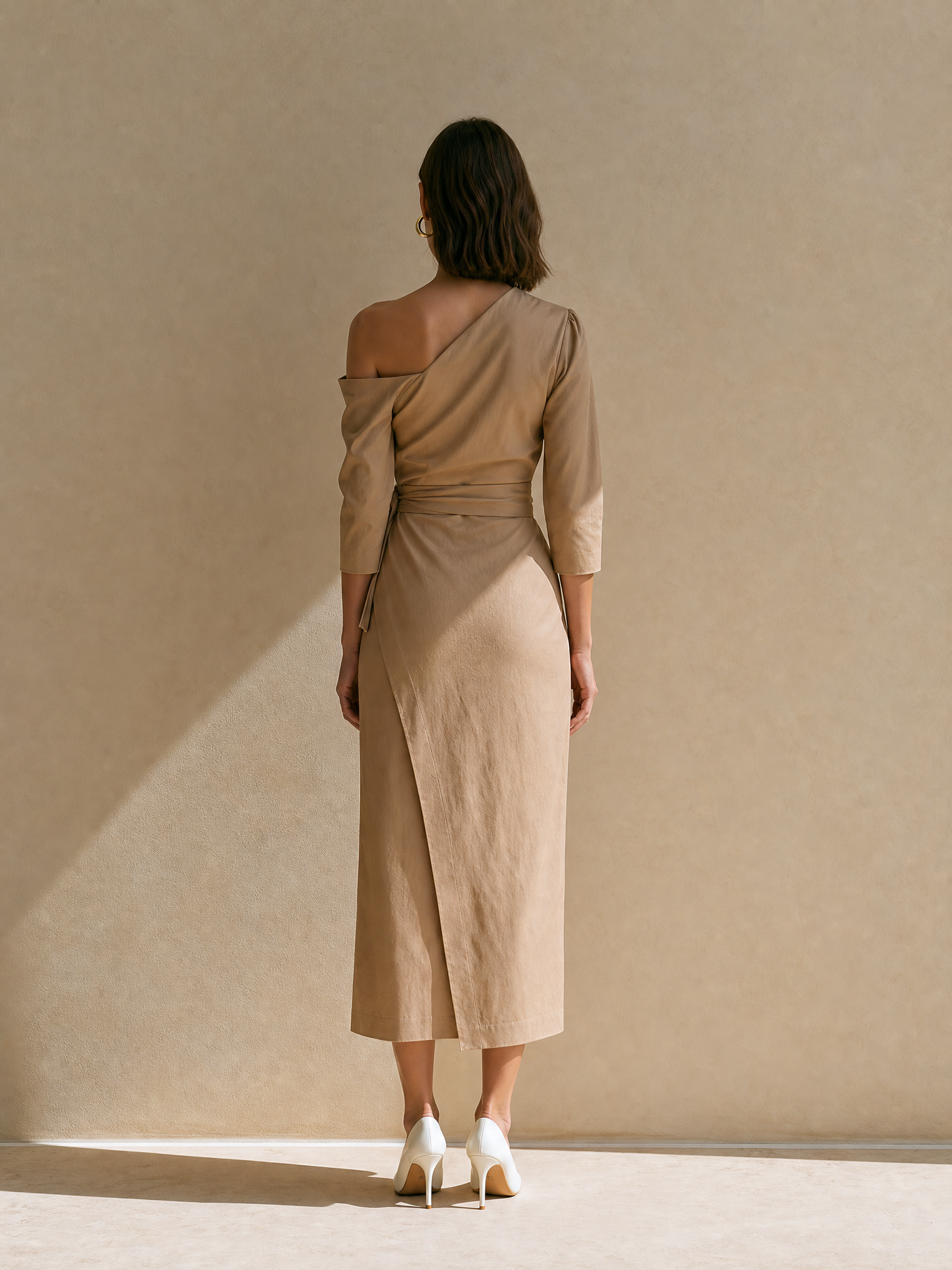 Light Brown One-shoulder Madi Dress With Button Detail