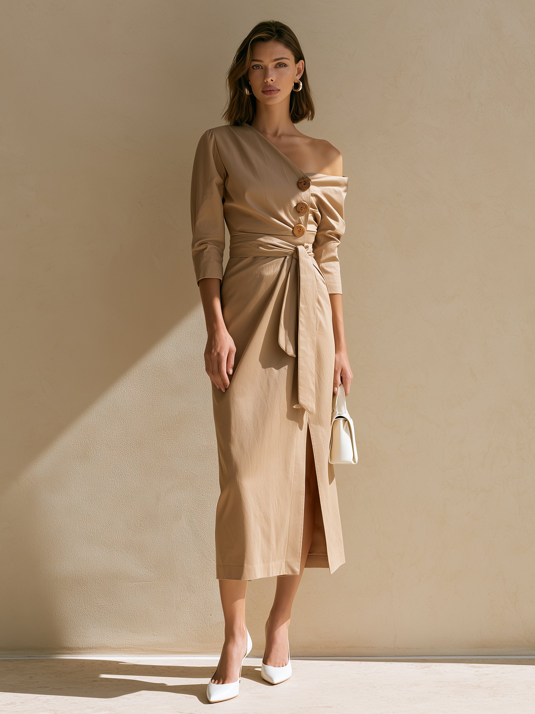 Light Brown One-shoulder Madi Dress With Button Detail