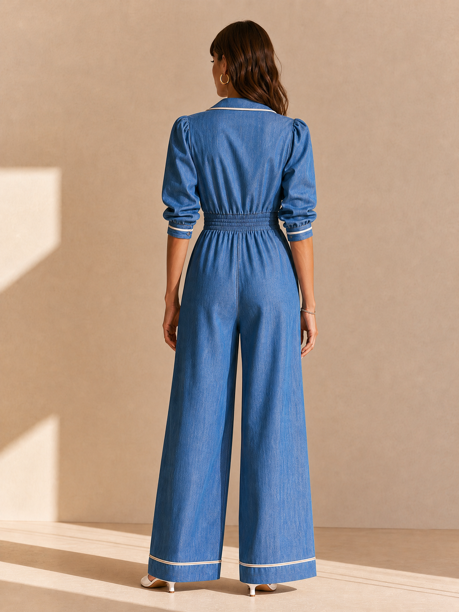 Denim V-neck short-sleeve jumpsuit