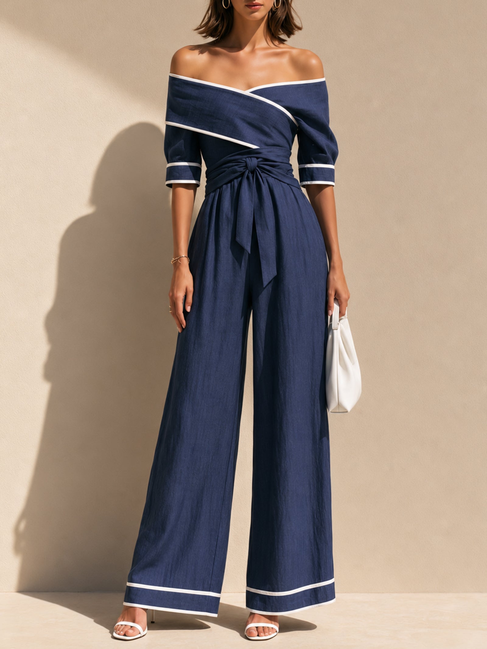 Navy Off-the-shoulder Linen Set