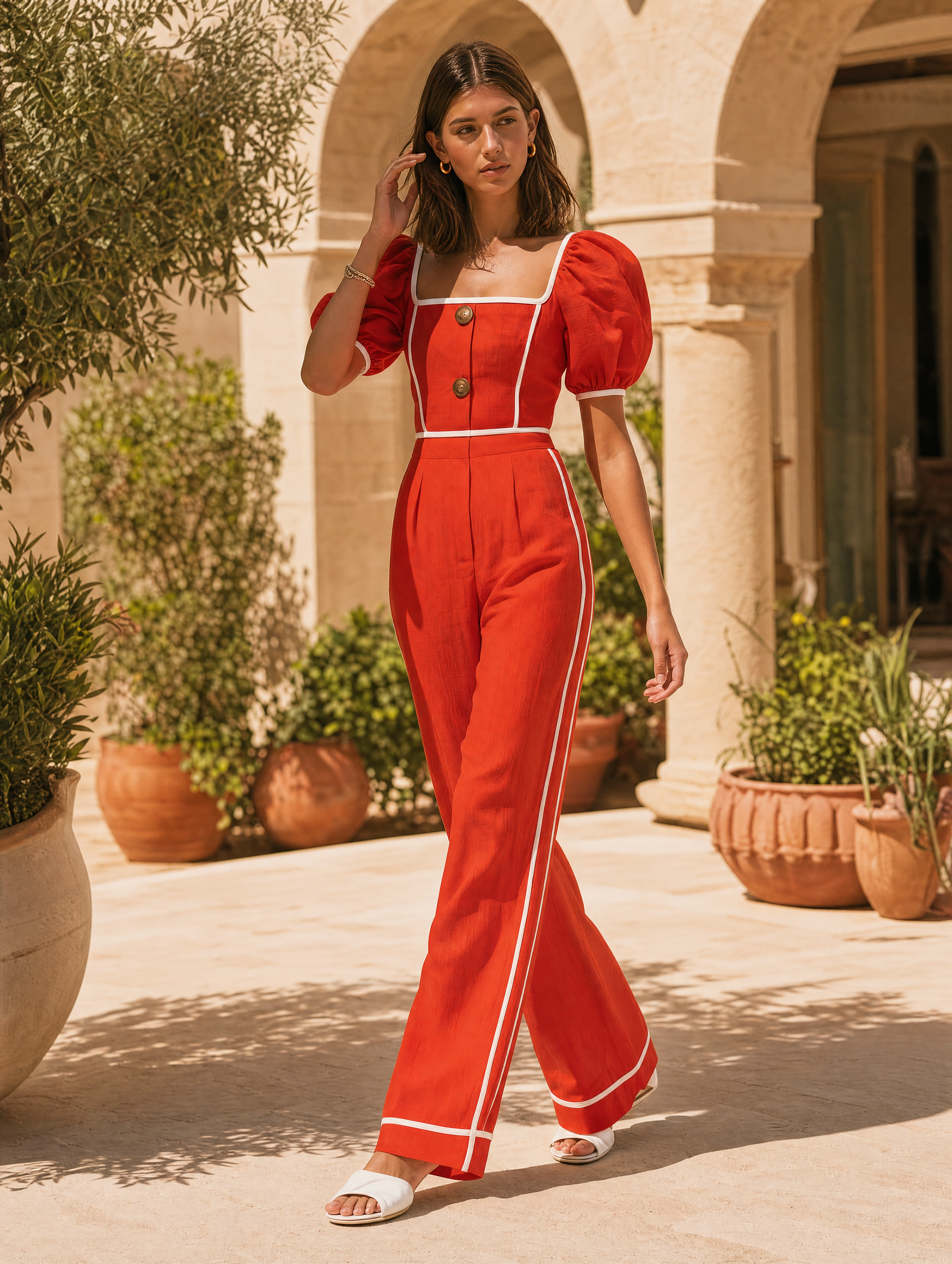 Red Linen Puff-sleeve jumpsuit With White Piping.
