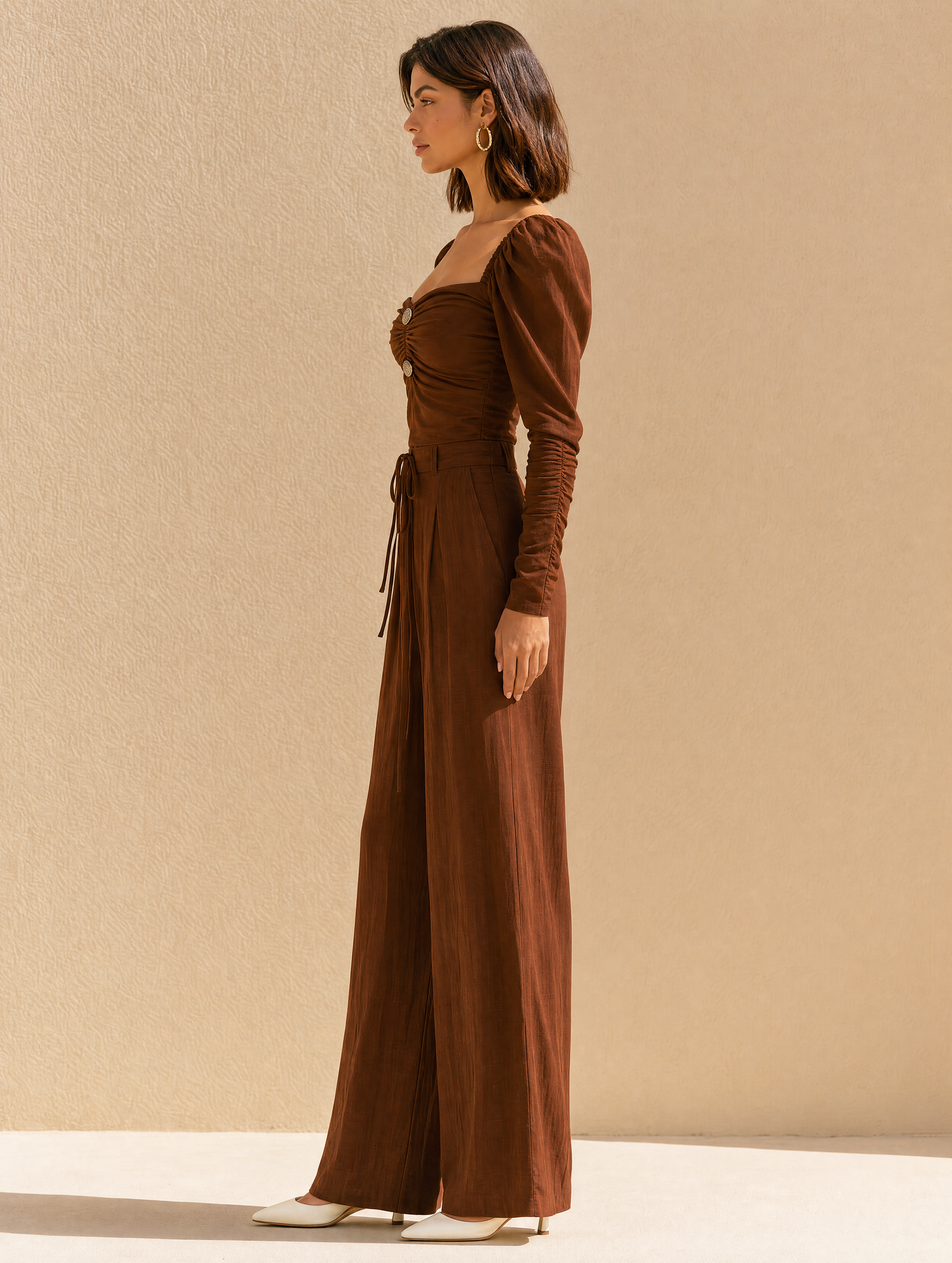 Brown Bubble-sleeve Linen Set