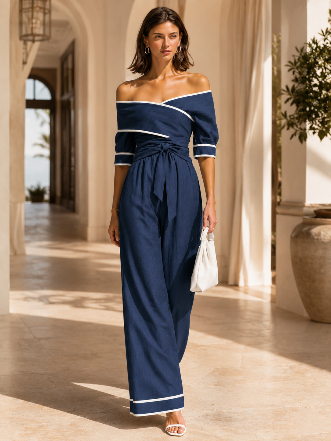 Navy Off-the-shoulder Linen Set