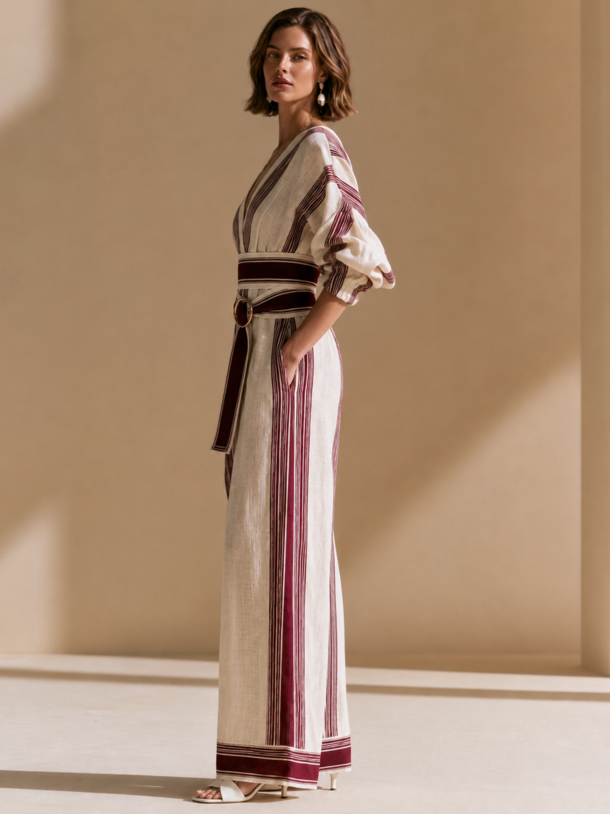 Elegant White And Burgundy Stripe Linen Blend Jumpsuit