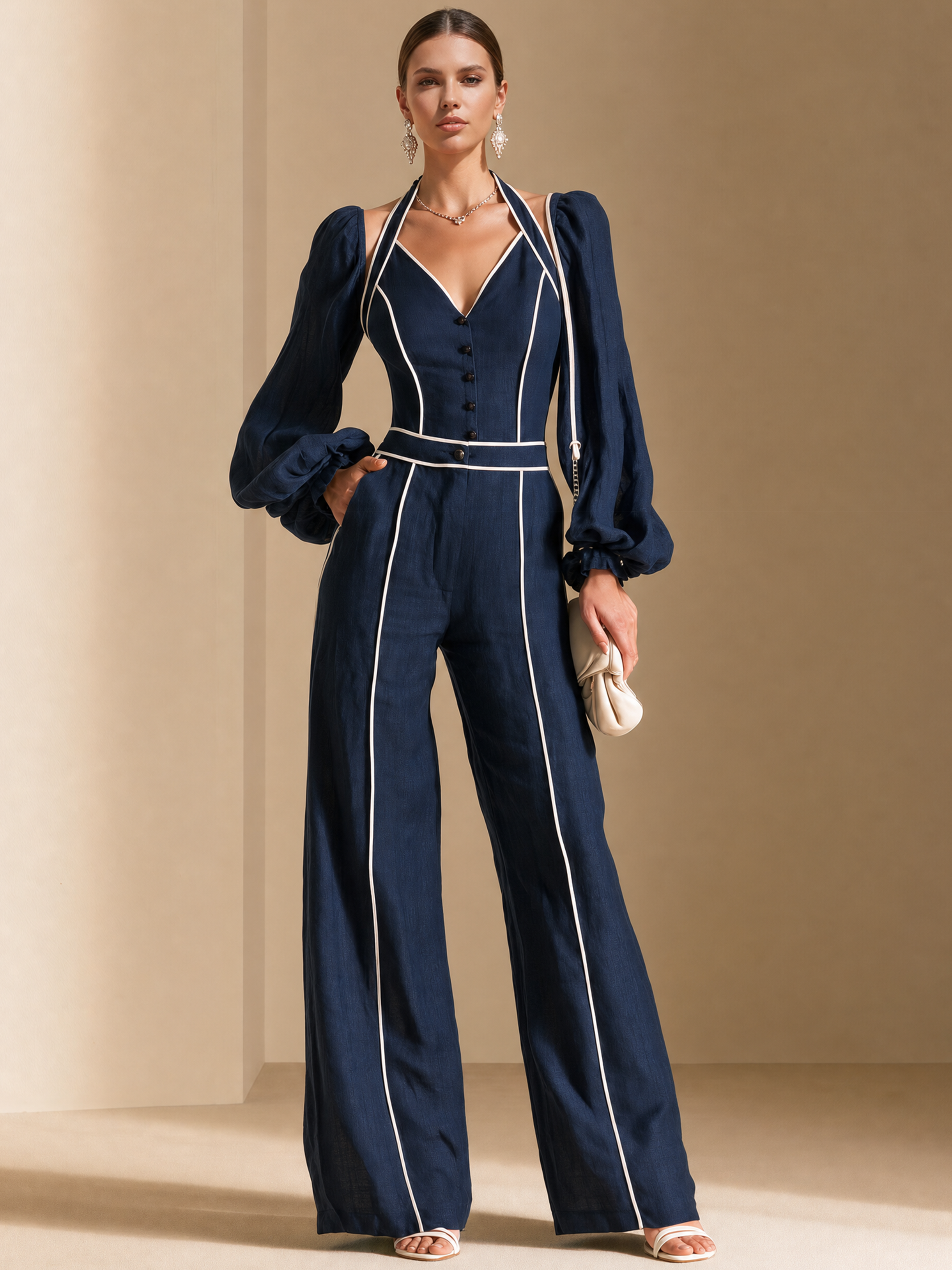 Elegant Navy Blue And White Contrast Linen Blend Halter Jumpsuit