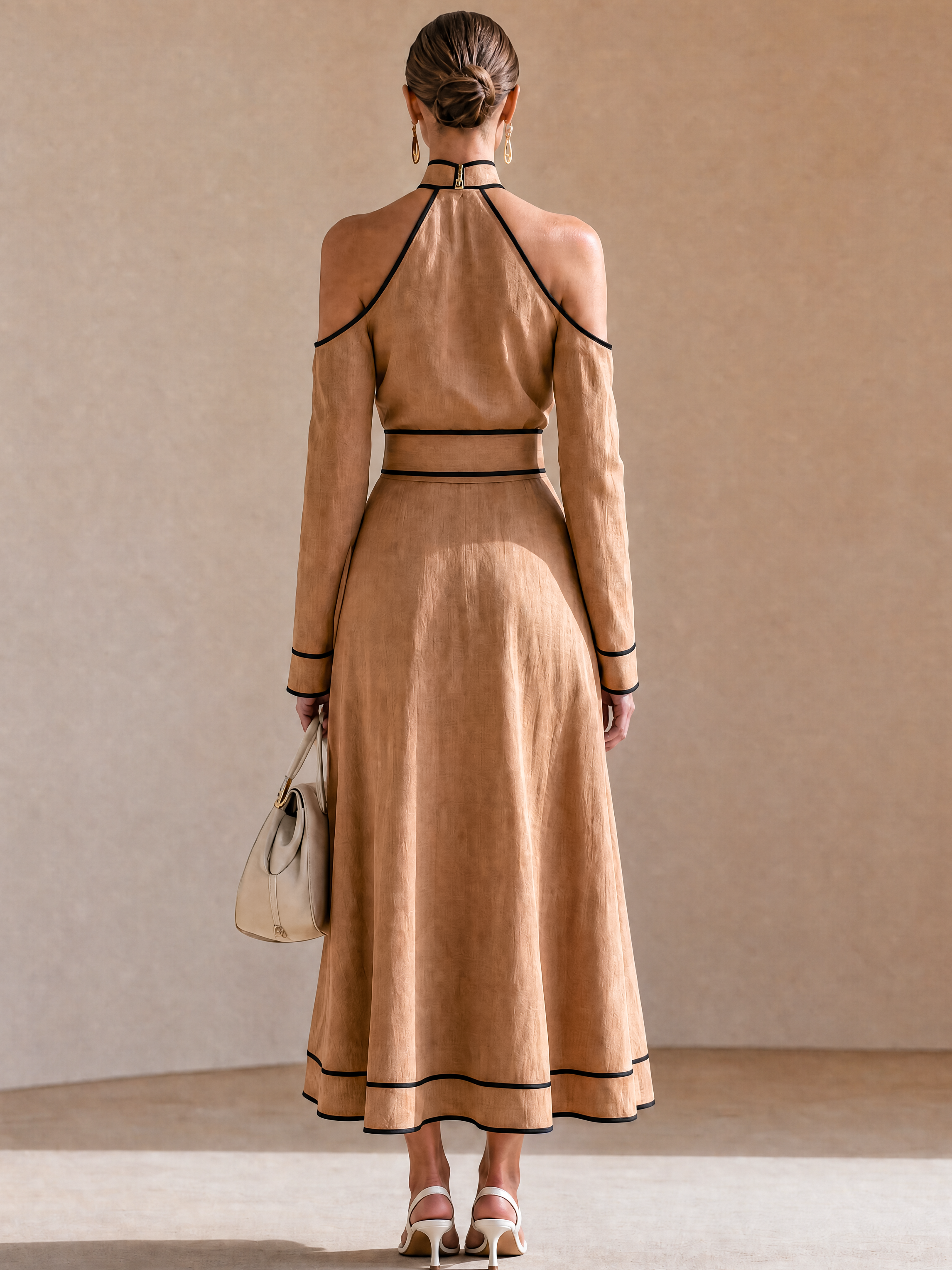 Elegant Khaki Linen Blend Halter Neck Long Sleeve Maxi Dress