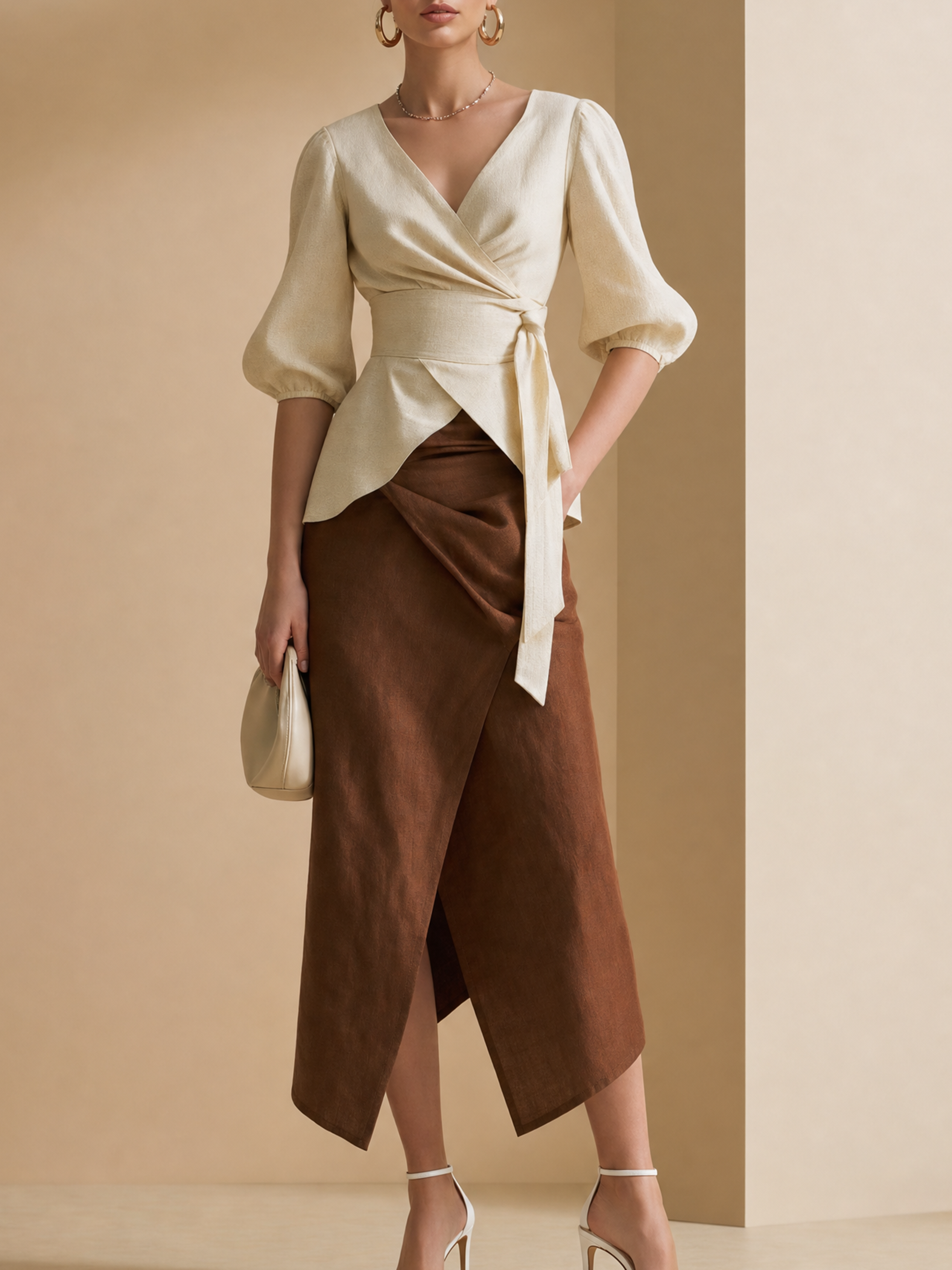 Elegant White Linen Blend Wrap Top And Brown Asymmetric Midi Skirt Set