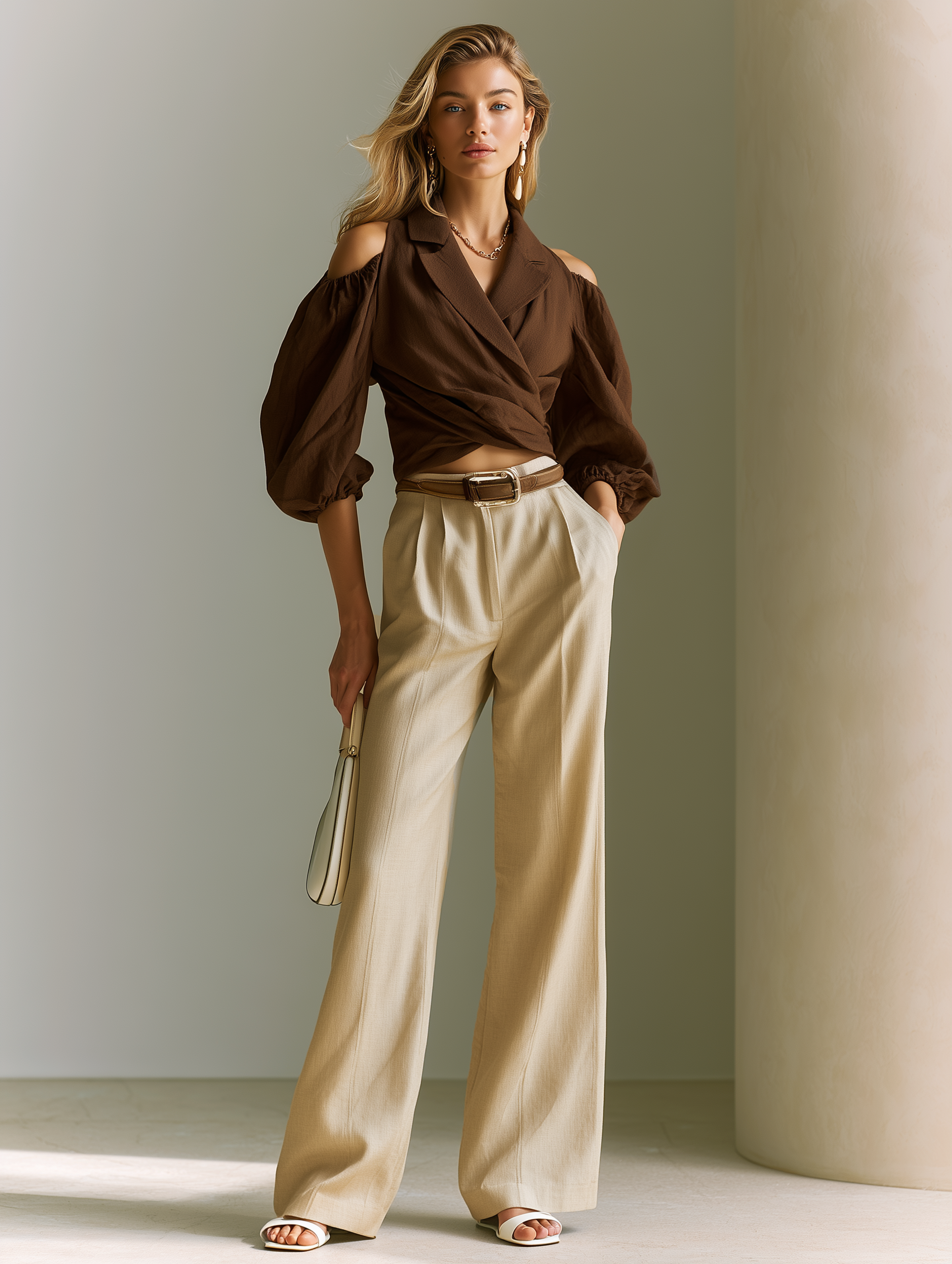 Elegant Brown Linen Blend Off-Shoulder Blouse And Beige Wide Leg Suit Pants Set