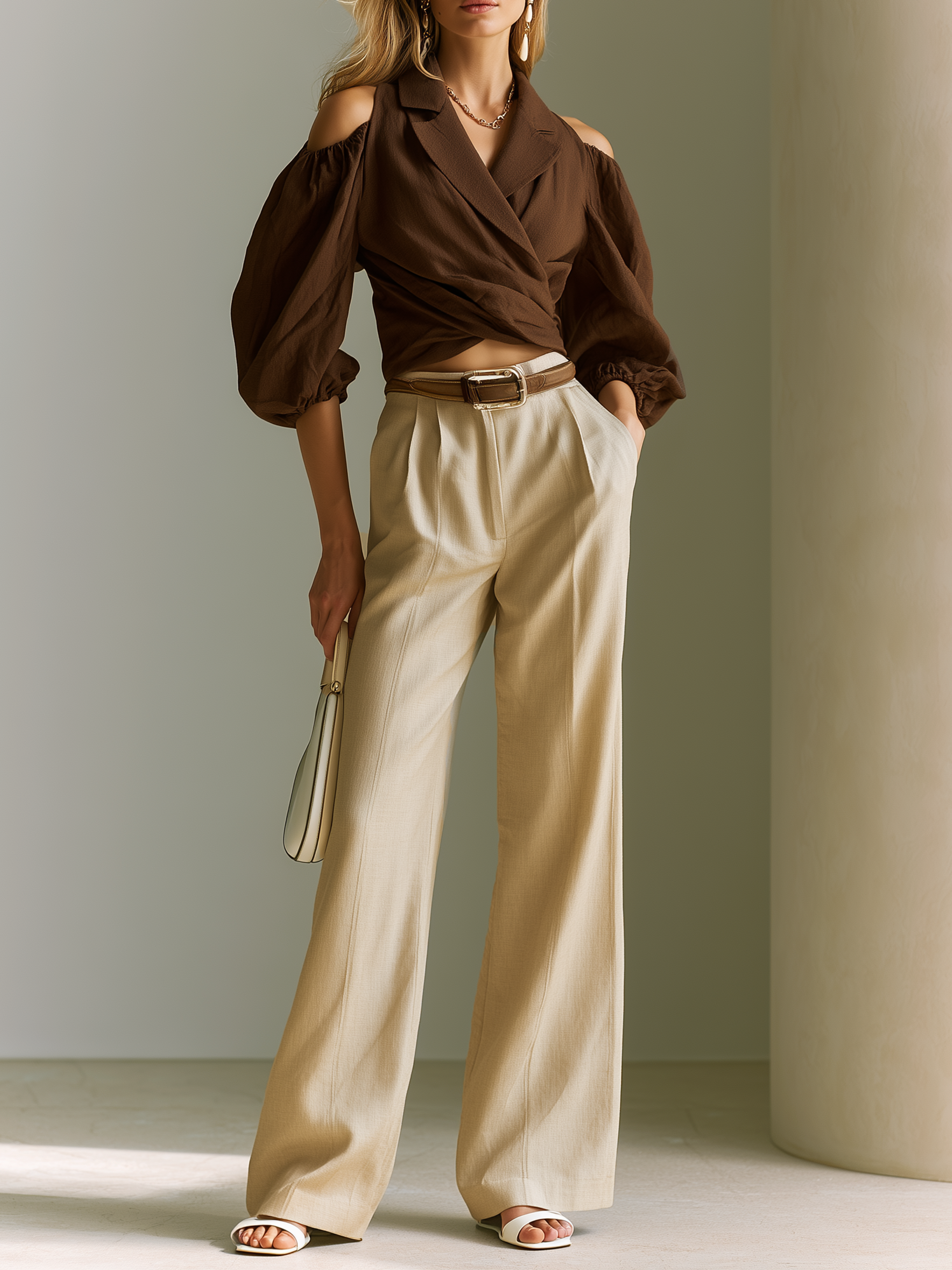 Elegant Brown Linen Blend Off-Shoulder Blouse And Beige Wide Leg Suit Pants Set