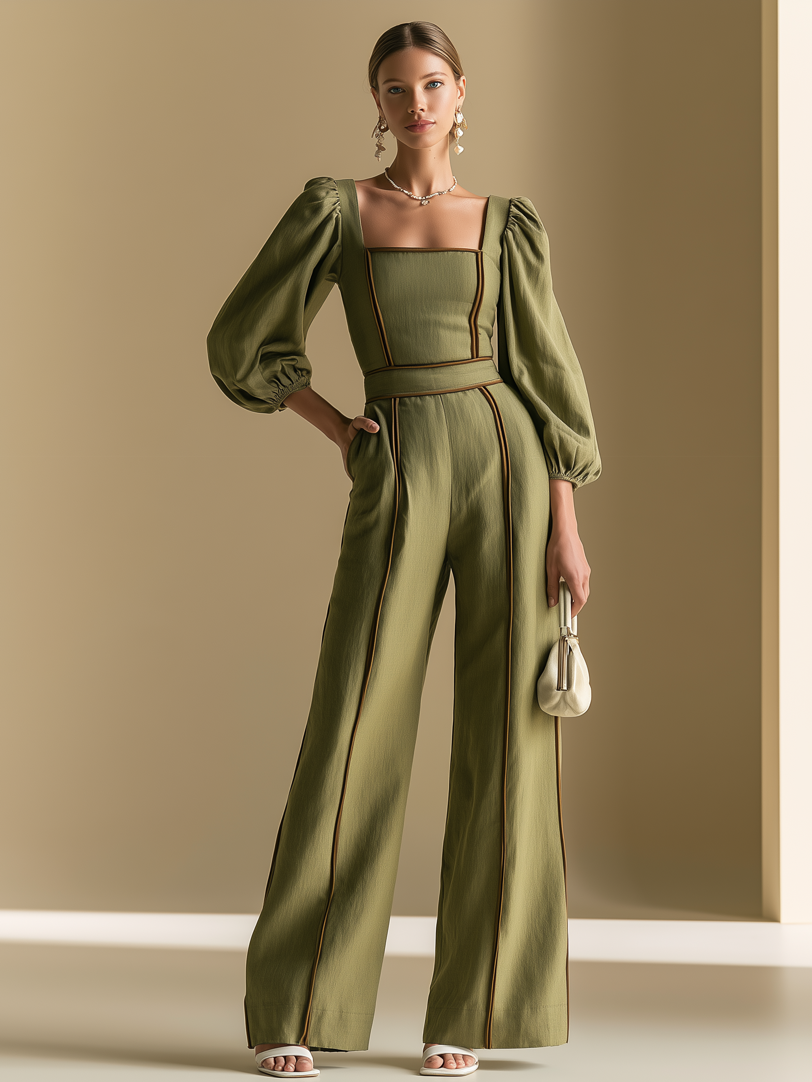 Elegant Olive Green Linen Blend Square Neck Jumpsuit