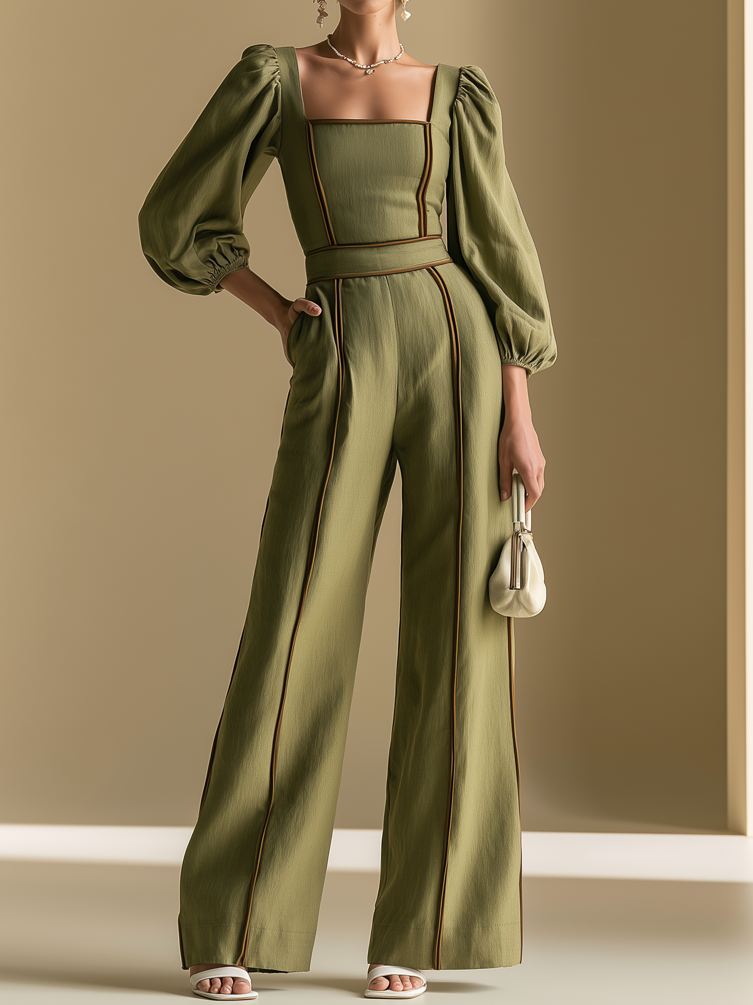 Elegant Olive Green Linen Blend Square Neck Jumpsuit