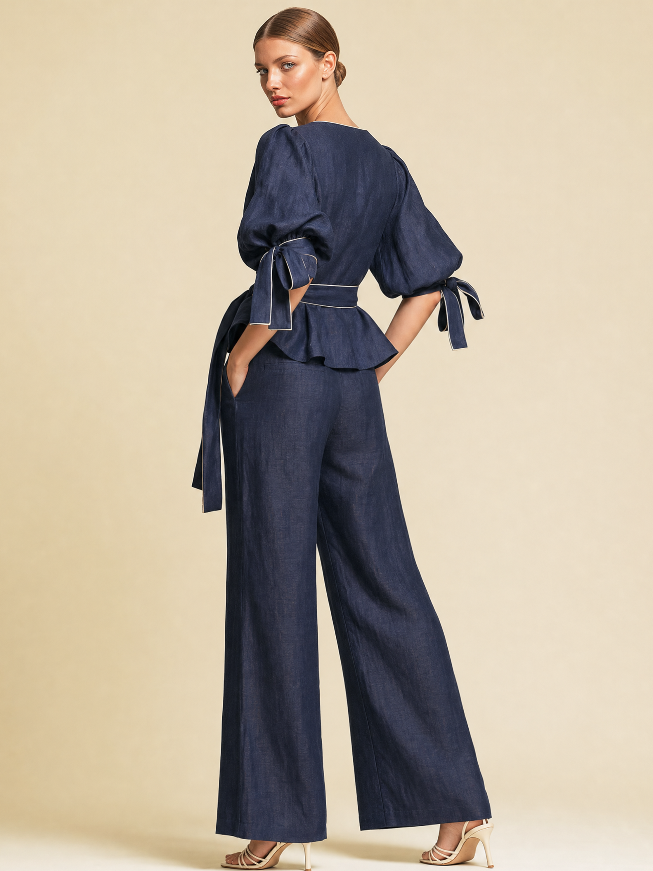 Navy Linen White Puff Sleeve Wrap Top Wide Leg Pants Two-Piece Set