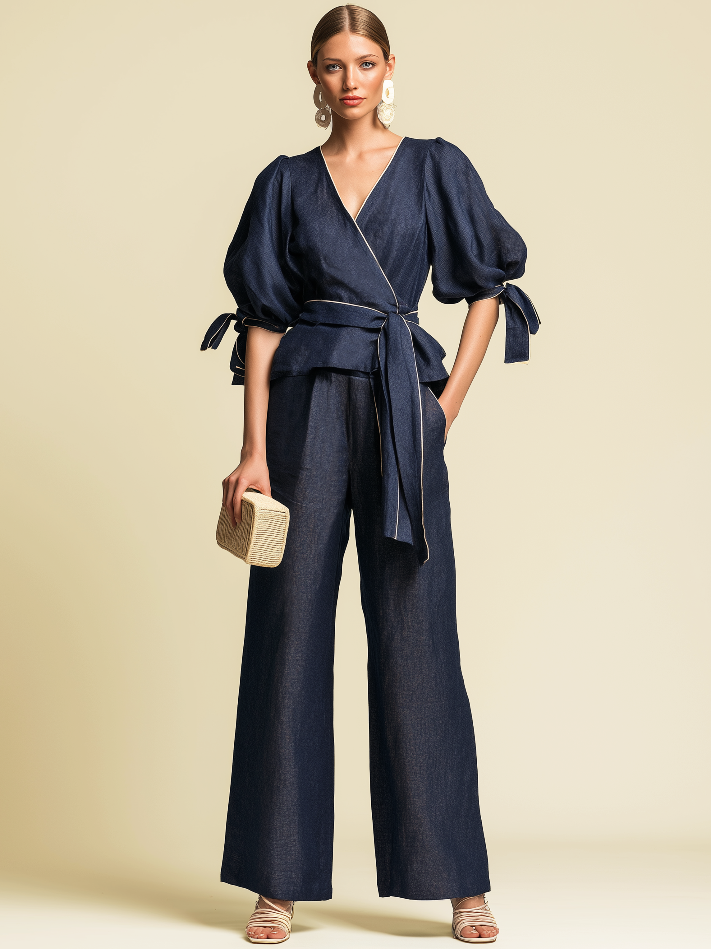 Navy Linen White Puff Sleeve Wrap Top Wide Leg Pants Two-Piece Set