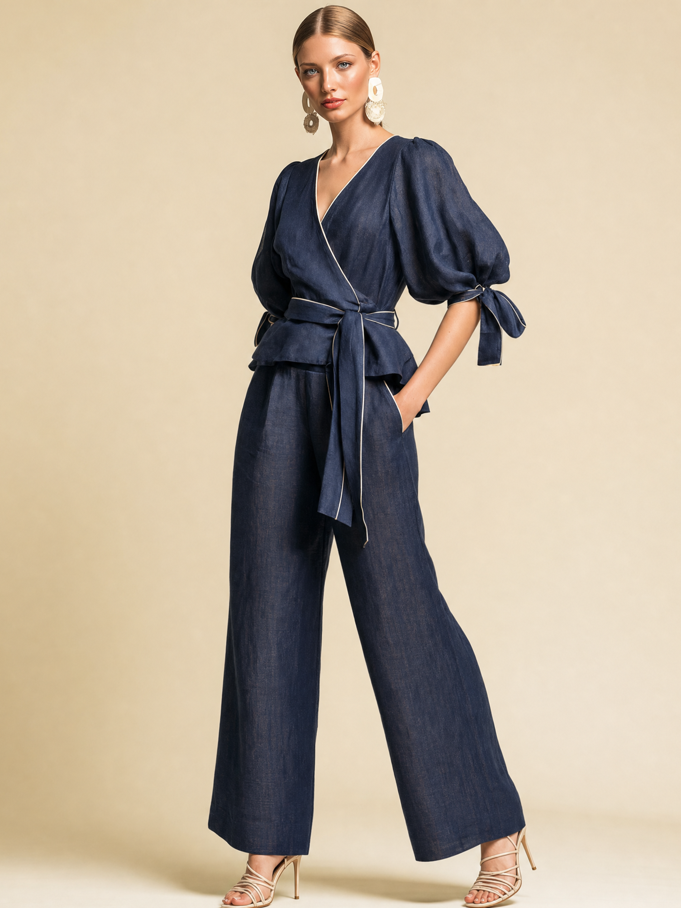 Navy Linen White Puff Sleeve Wrap Top Wide Leg Pants Two-Piece Set