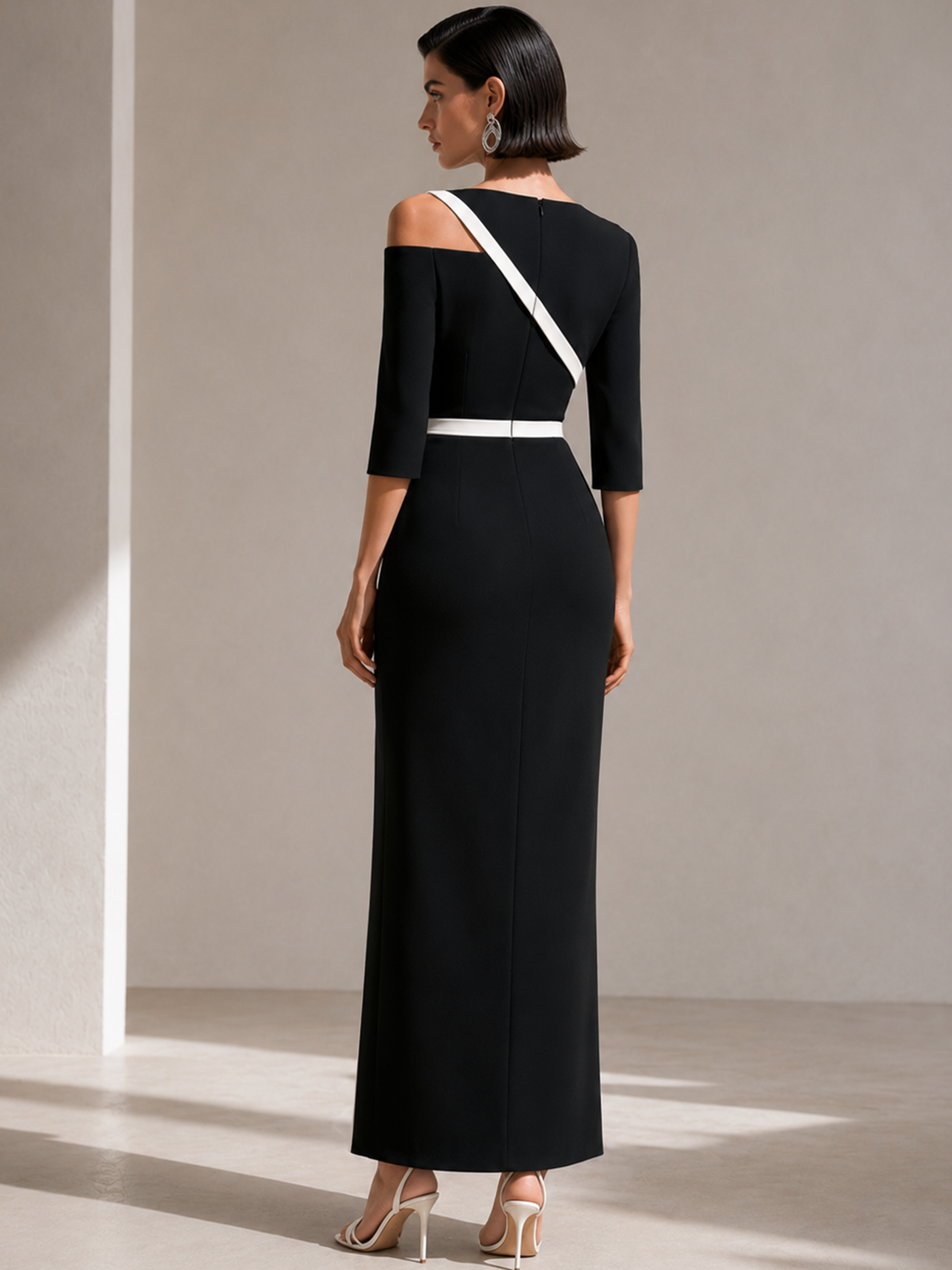 Black White Contrast Asymmetrical Cold Shoulder Slit Midi Dress