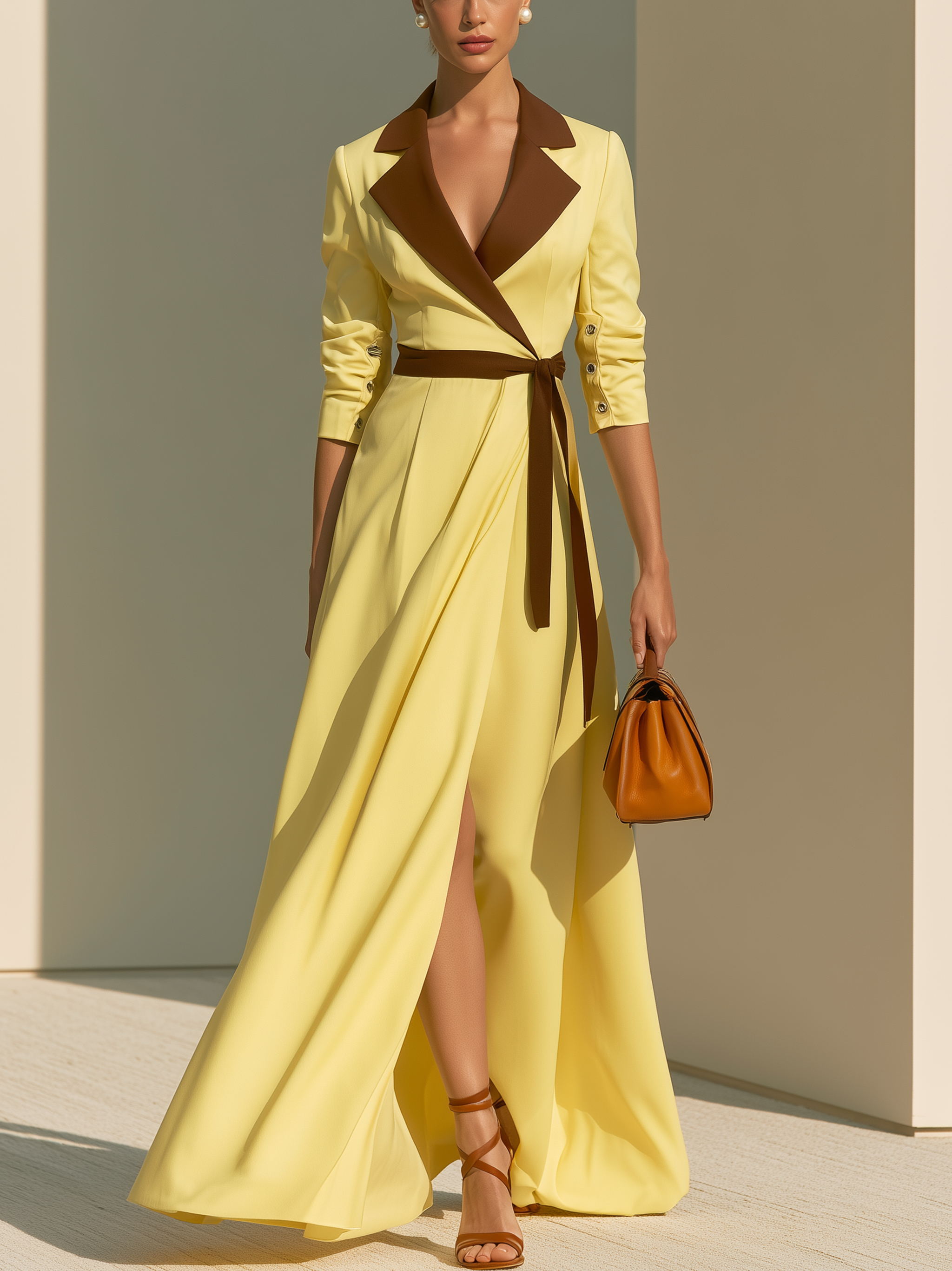 Yellow Brown Contrast Lapel Wrap Belt Slit Maxi Dress