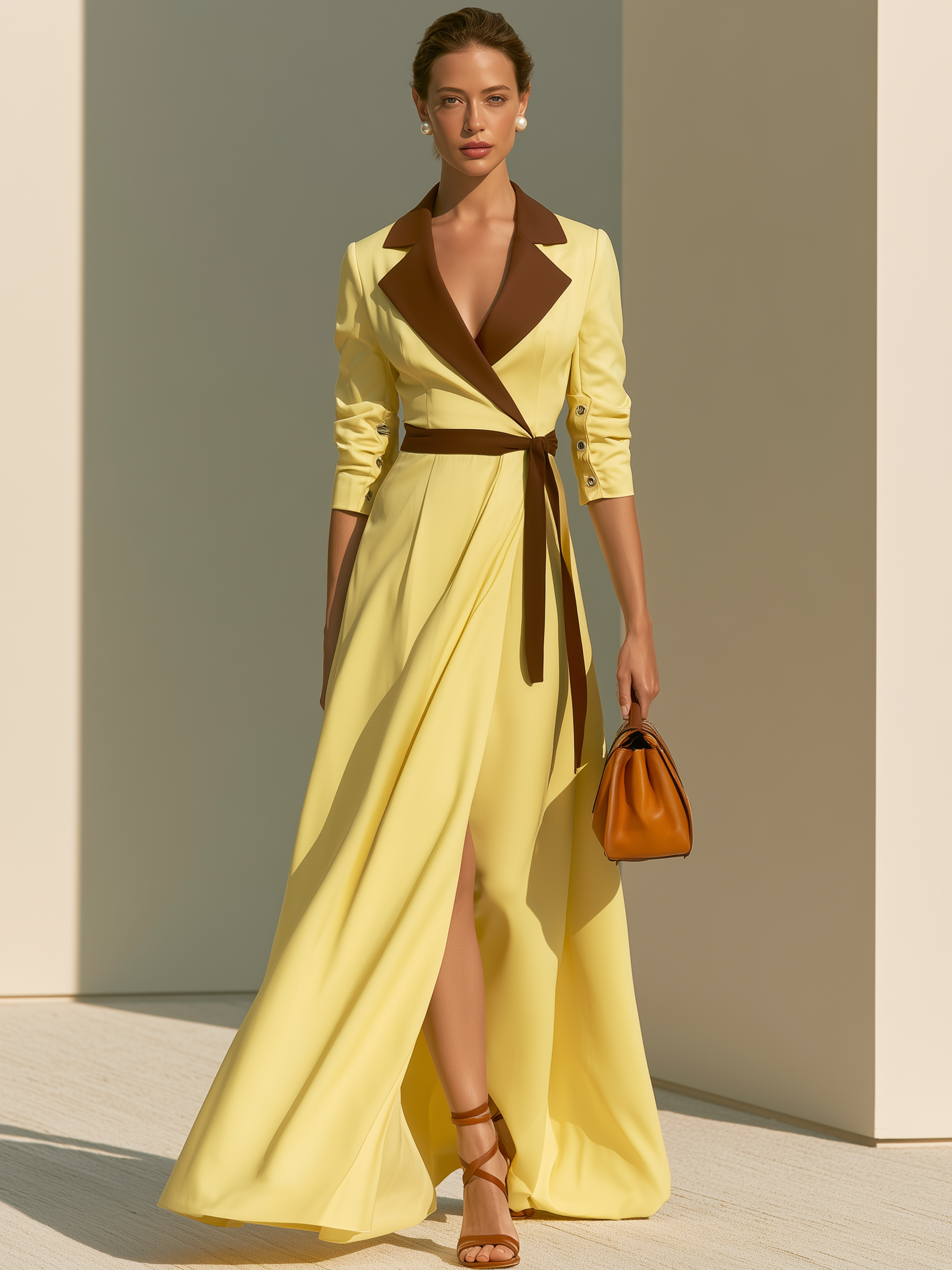 Yellow Brown Contrast Lapel Wrap Belt Slit Maxi Dress