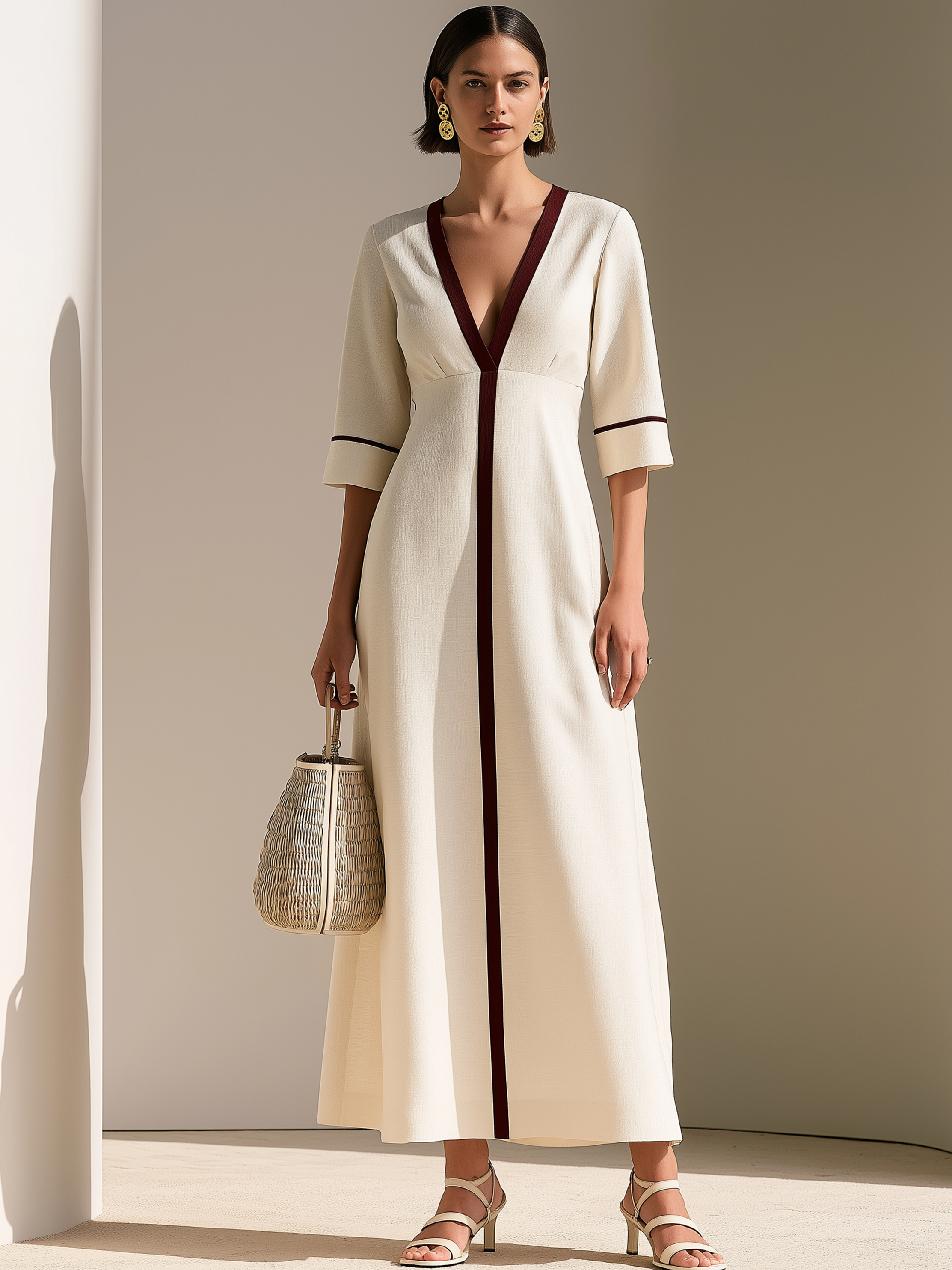 Cream Burgundy Contrast V-Neck Elbow Sleeve A-Line Maxi Dress