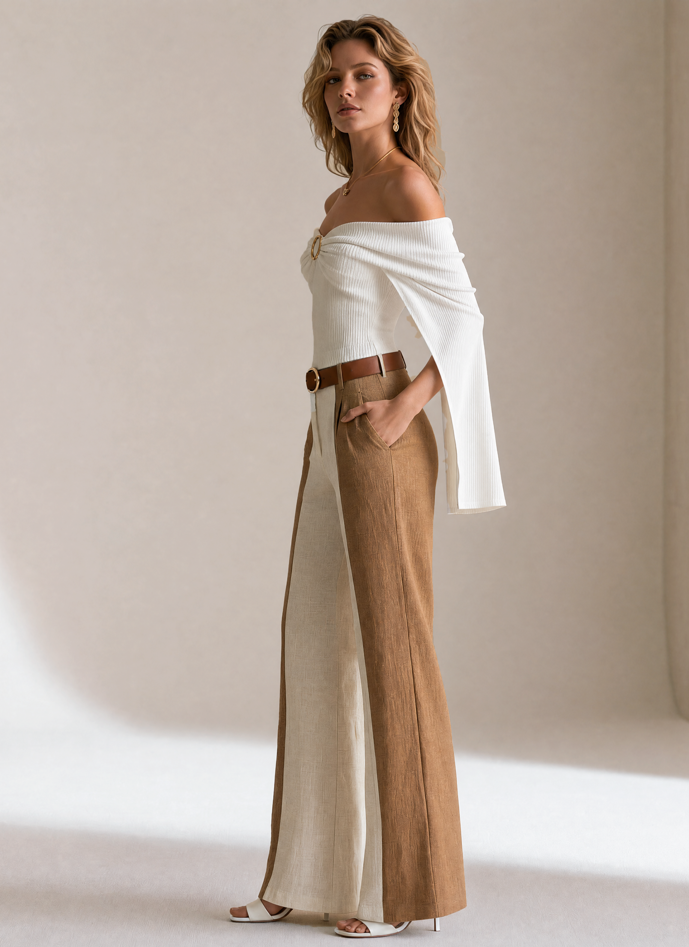 Elegant White Ribbed Knit Top And Brown Wide Leg Pants Set
